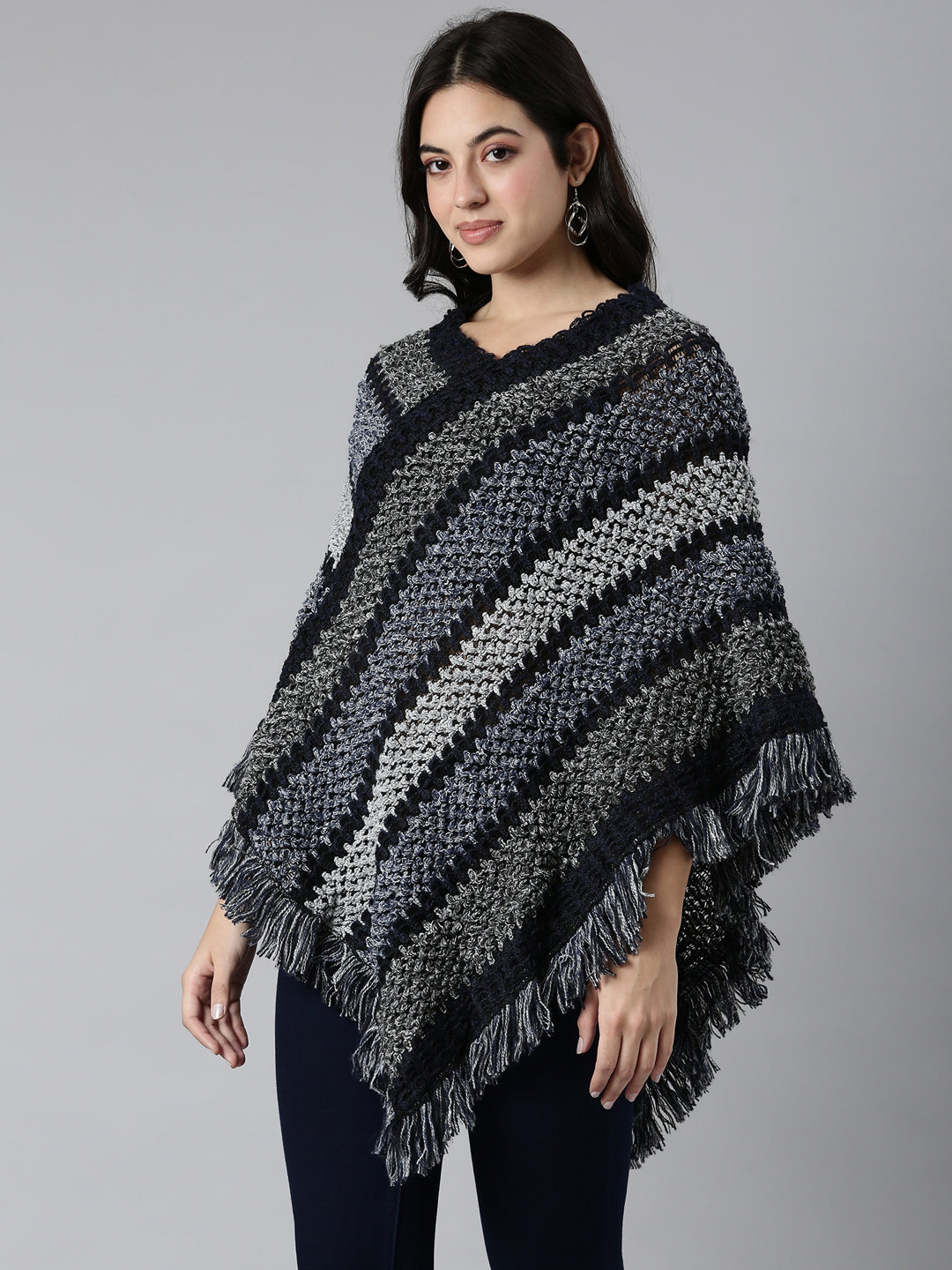 Women's Striped Navy Blue Poncho