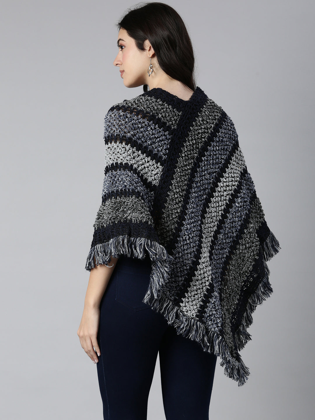 Women's Striped Navy Blue Poncho