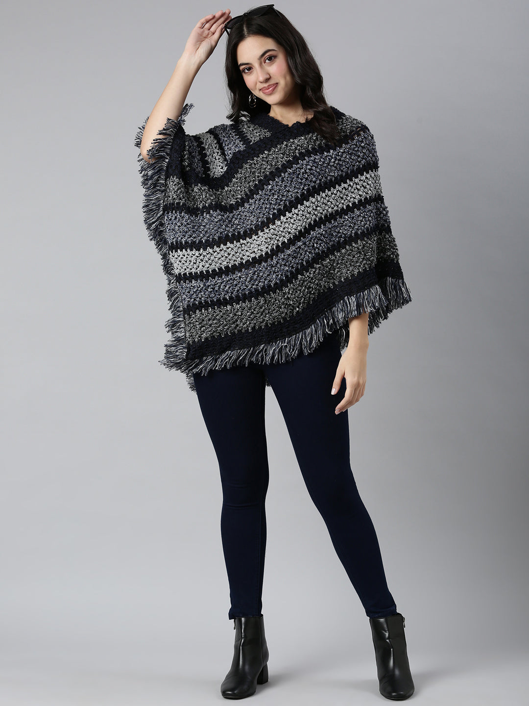 Women's Striped Navy Blue Poncho