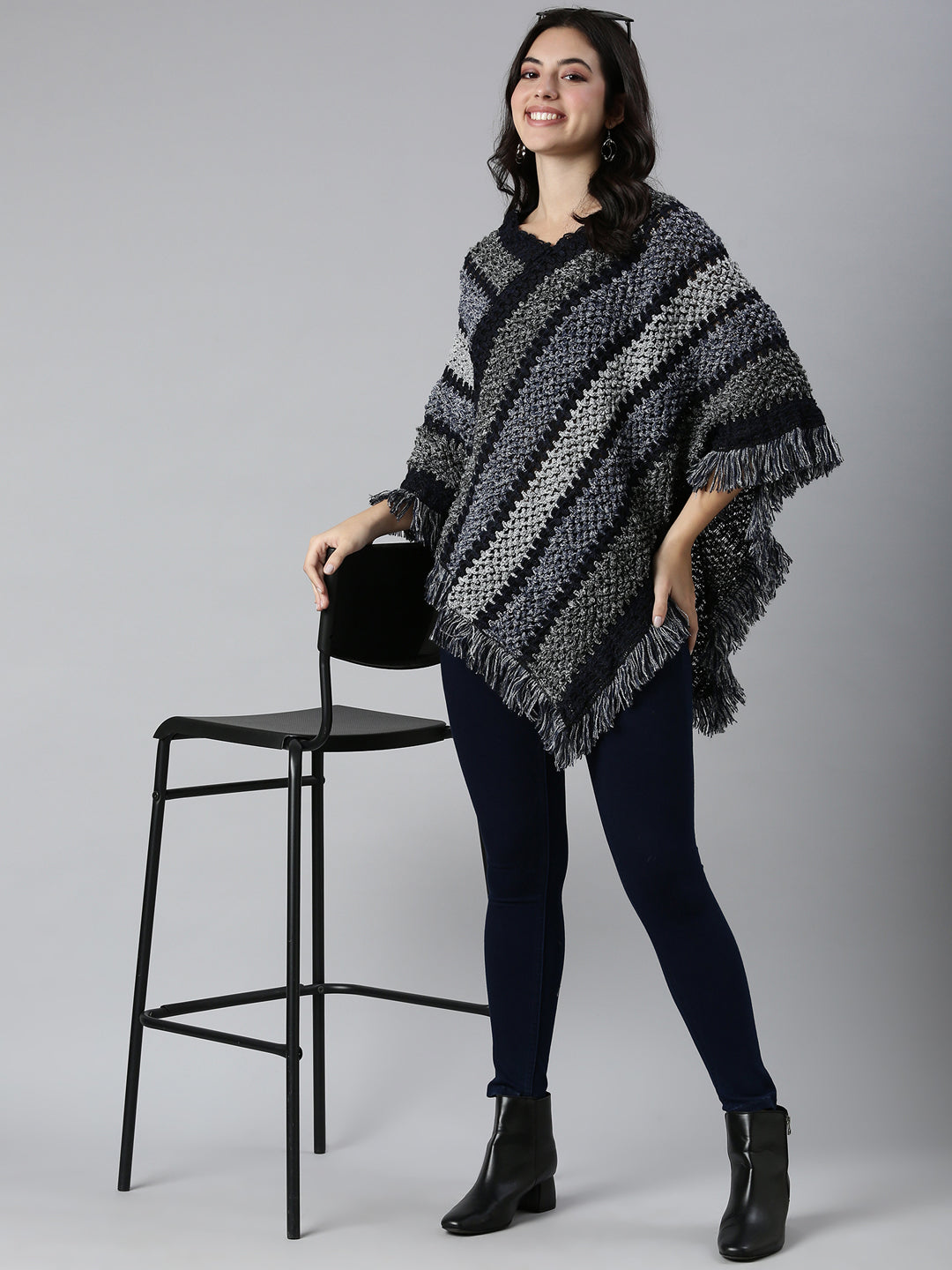 Women's Striped Navy Blue Poncho