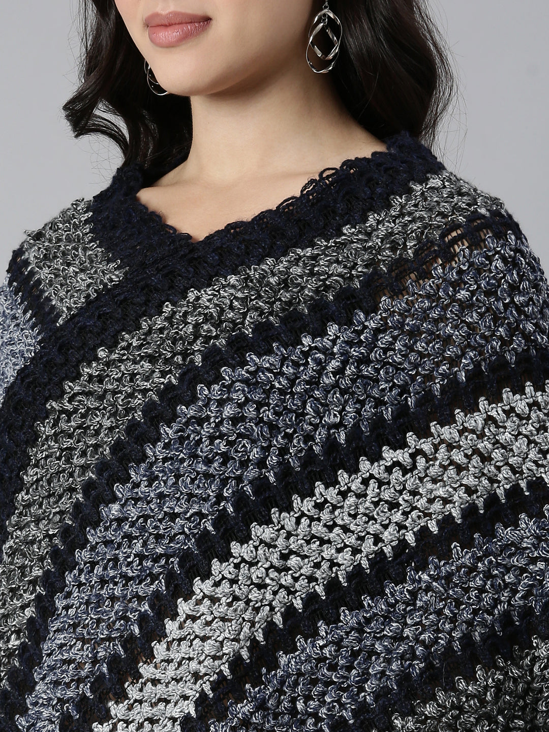 Women's Striped Navy Blue Poncho