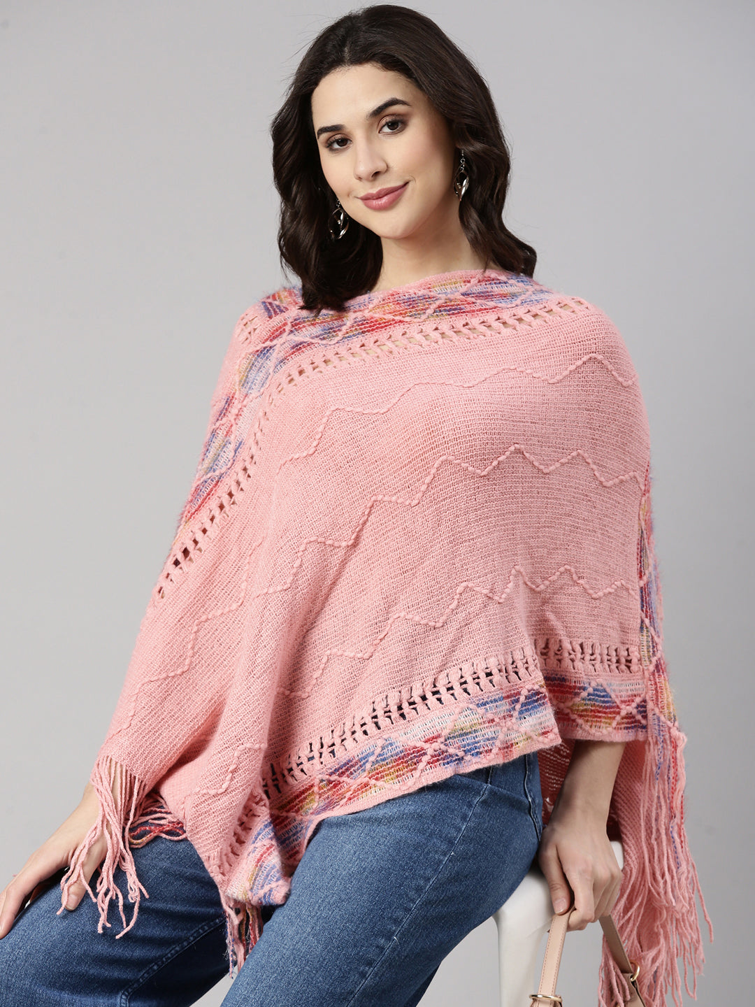 Women Chevron Pink Poncho