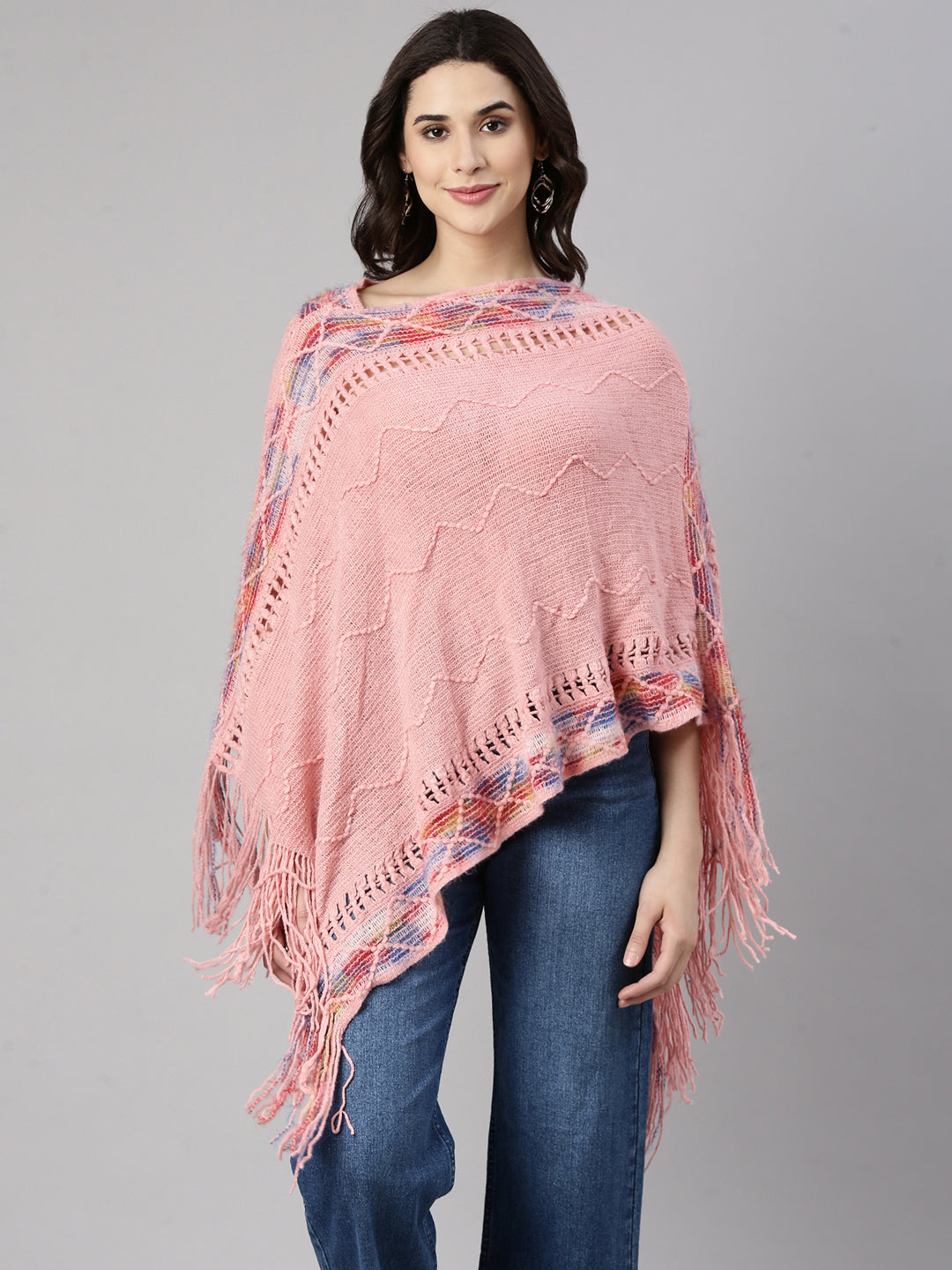 Women Chevron Pink Poncho