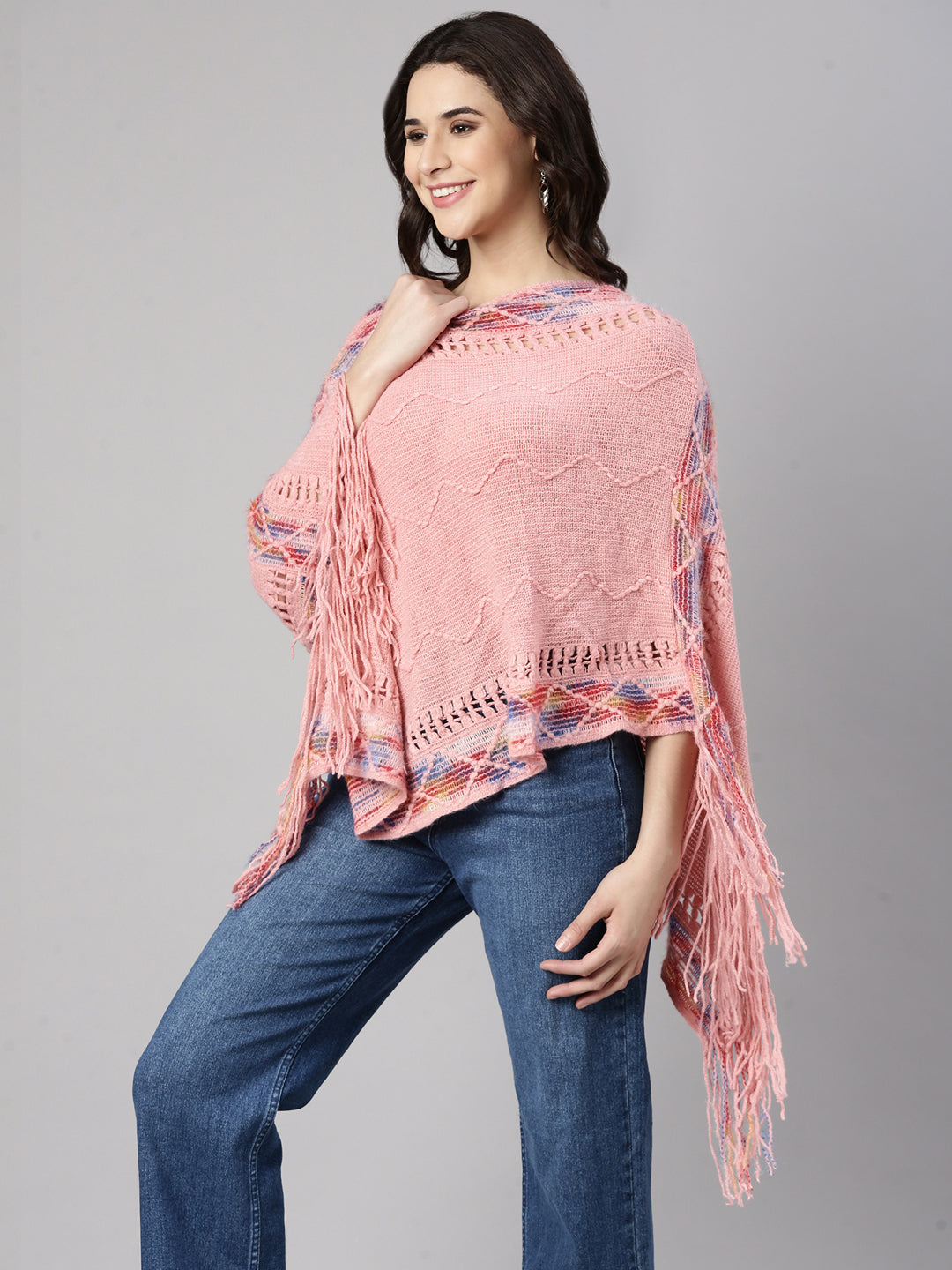 Women Chevron Pink Poncho