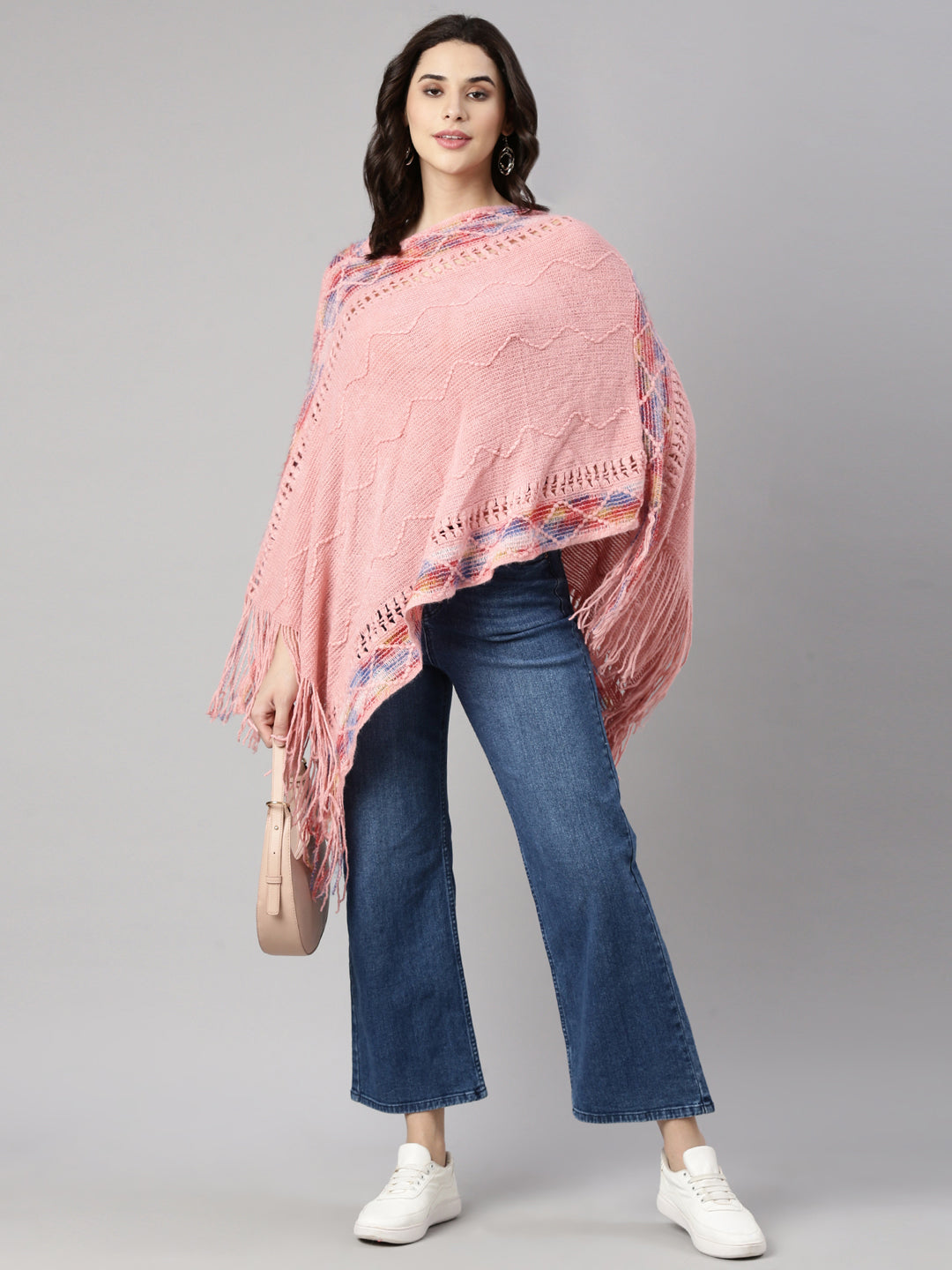 Women Chevron Pink Poncho