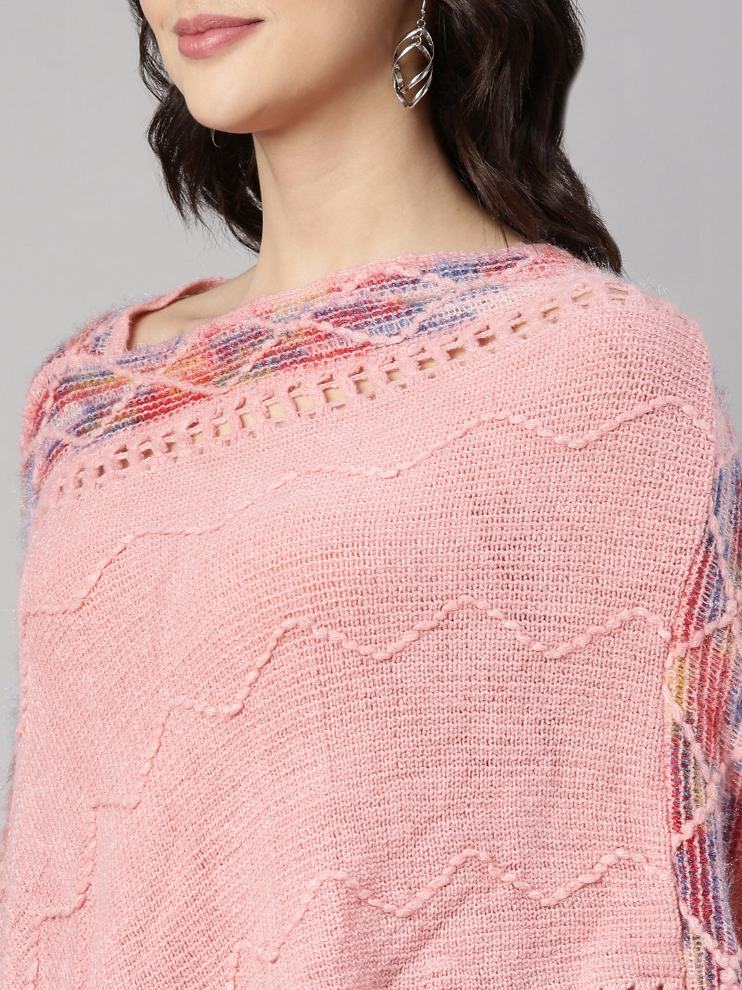 Women Chevron Pink Poncho