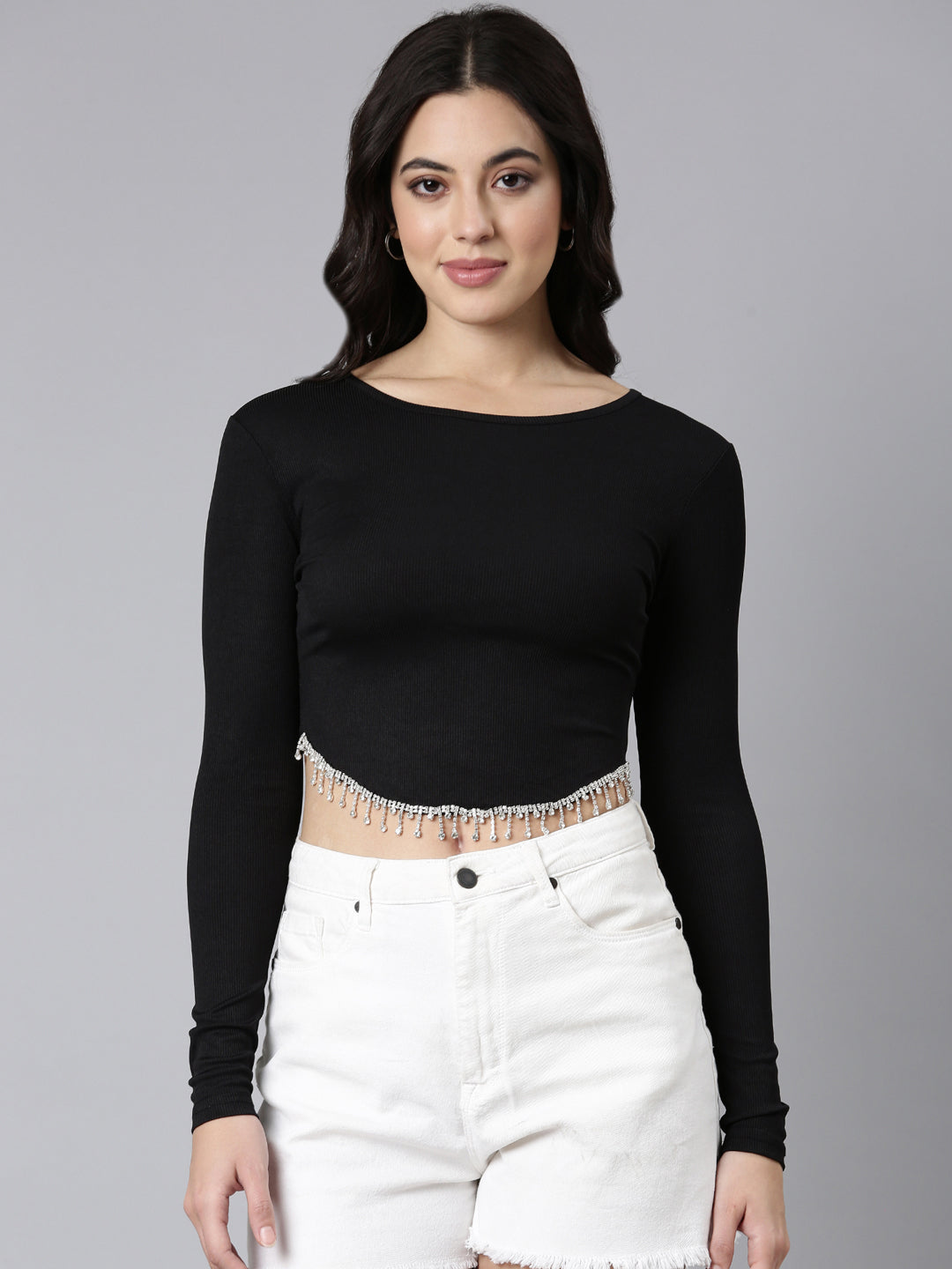 Women Solid Black Crop Top