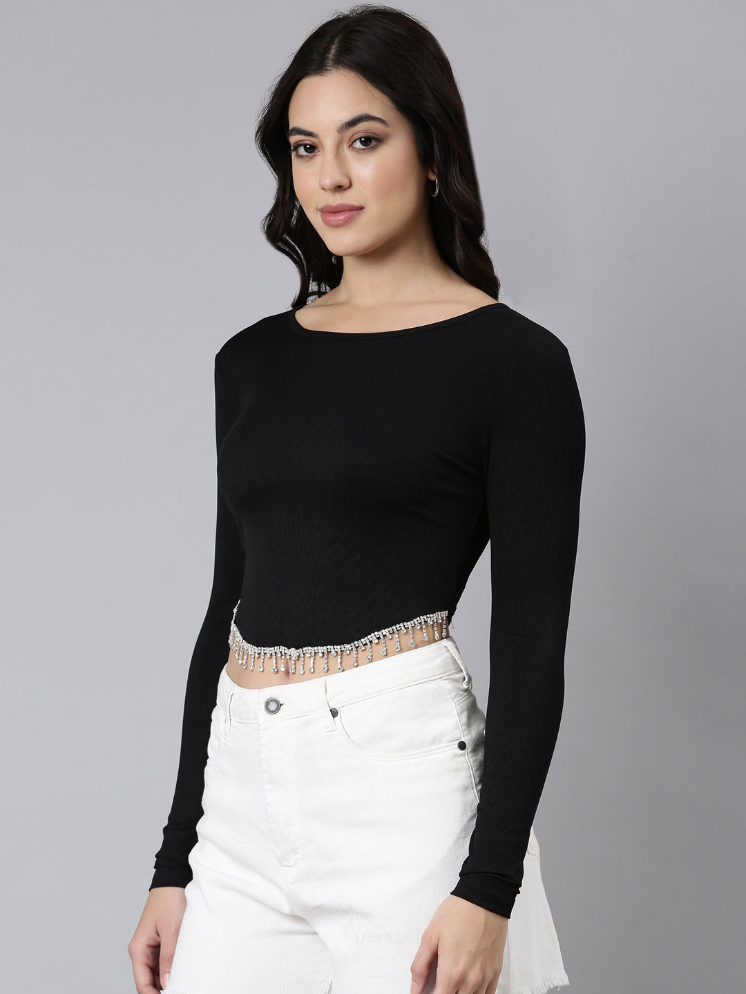 Women Solid Black Crop Top