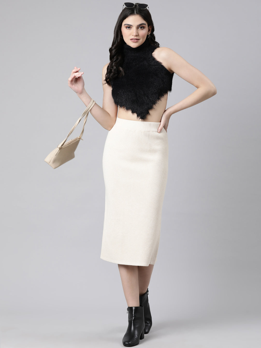 Women's Self Design Beige Straight Midi Skirt