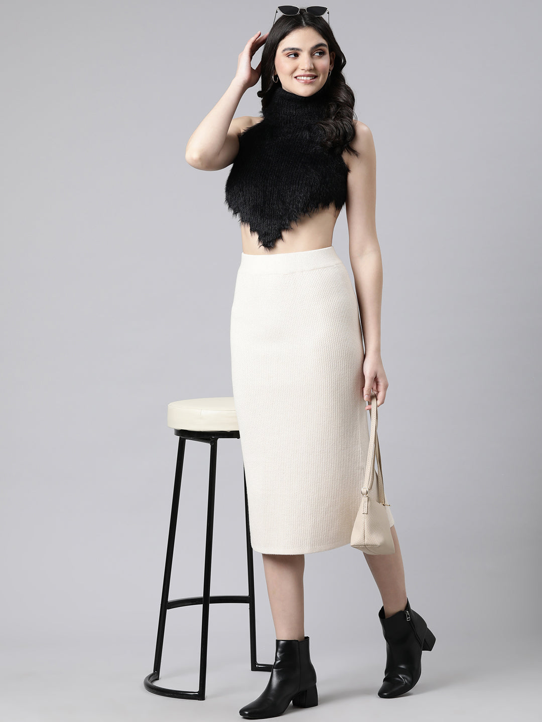 Women's Self Design Beige Straight Midi Skirt