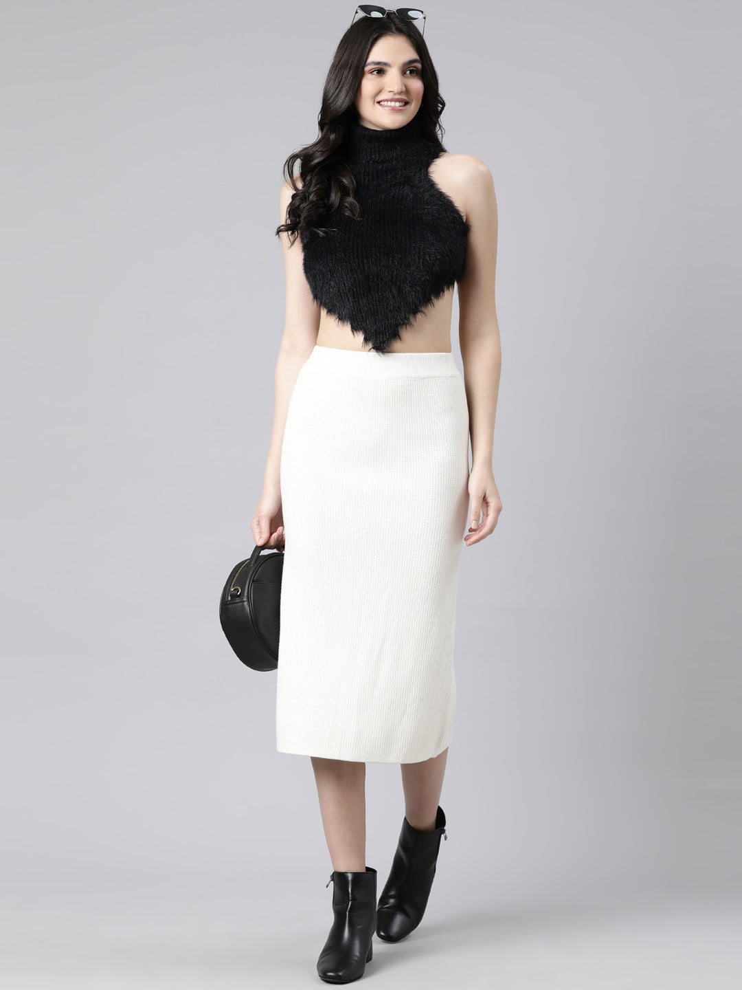 Women's Self Design Cream Straight Midi Skirt