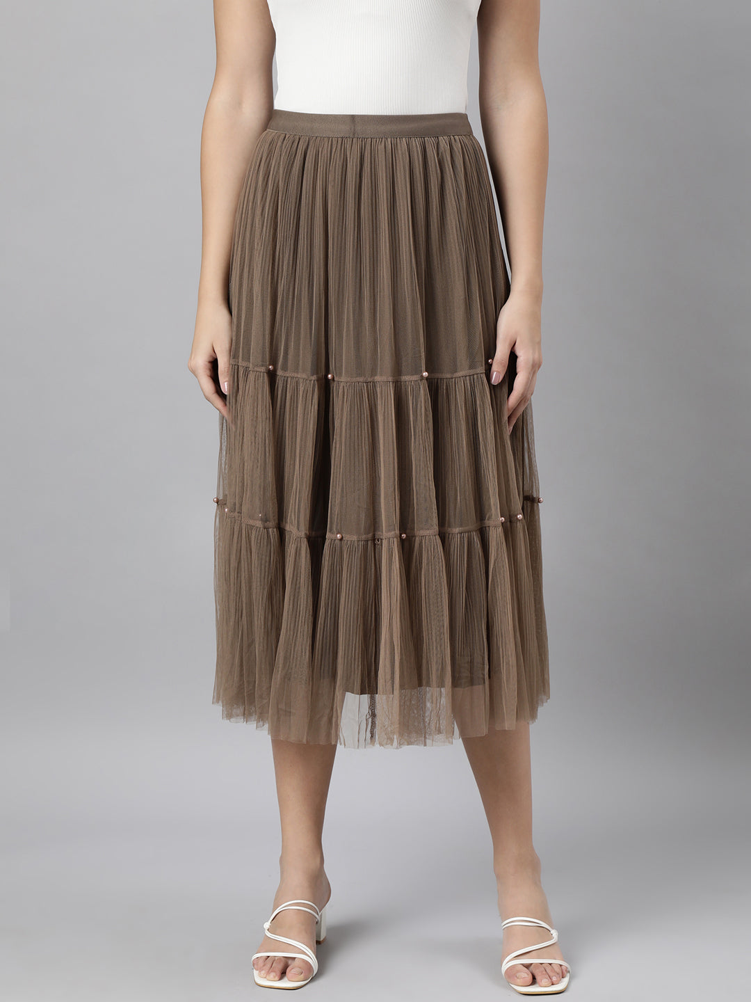 Women Solid Brown Tiered Midi Sheer Skirt