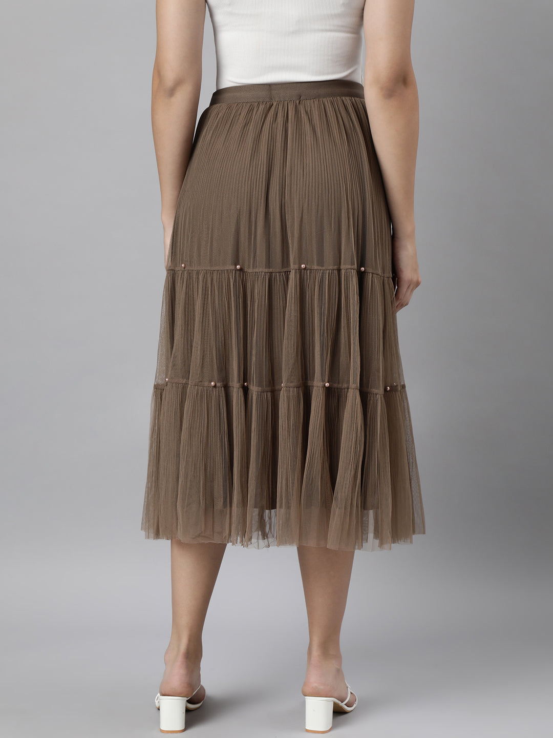 Women Solid Brown Tiered Midi Sheer Skirt