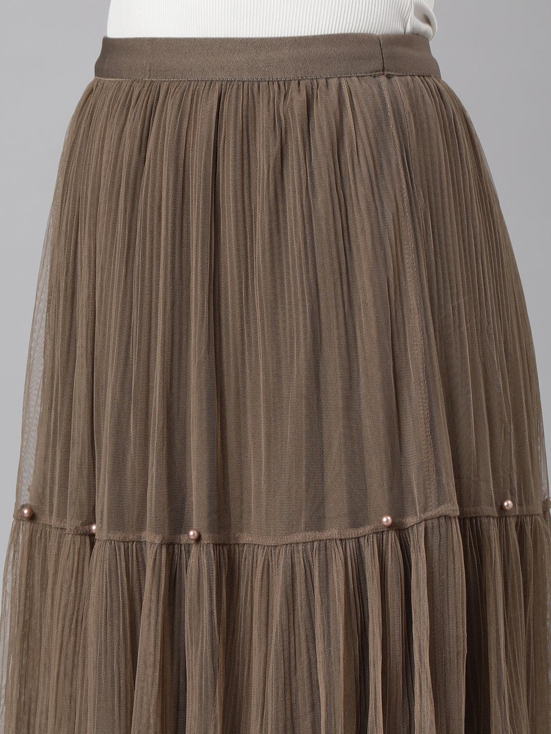 Women Solid Brown Tiered Midi Sheer Skirt