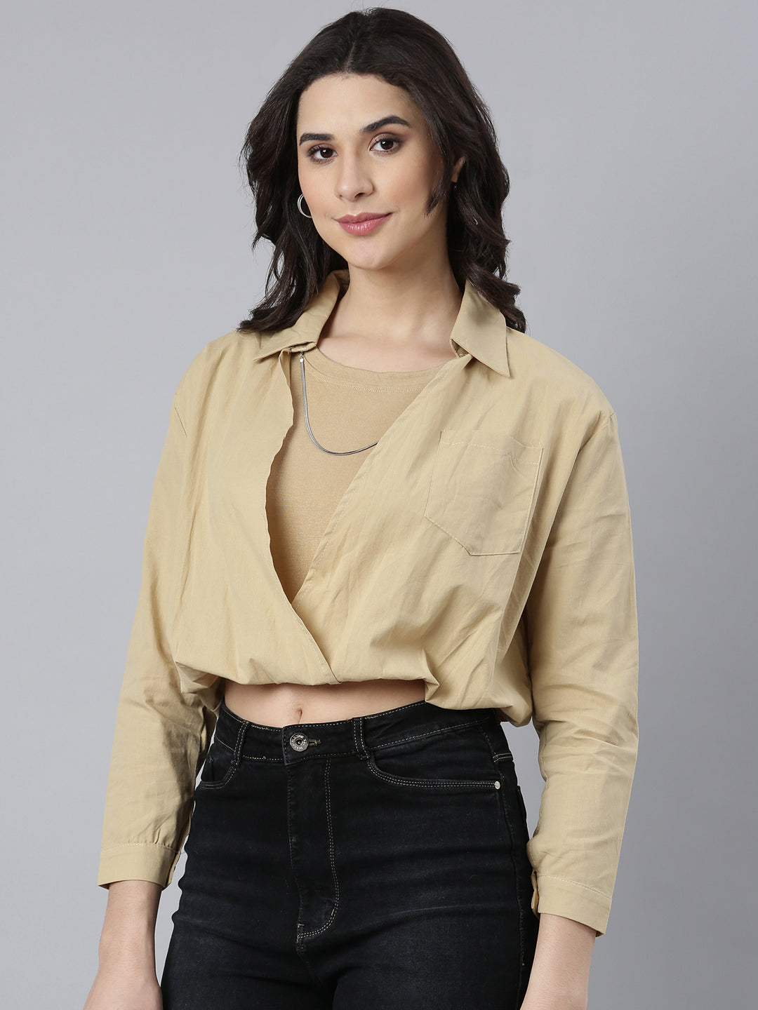 Women's Solid Khaki Shirt Style Top with Inner Top and Neck Chain