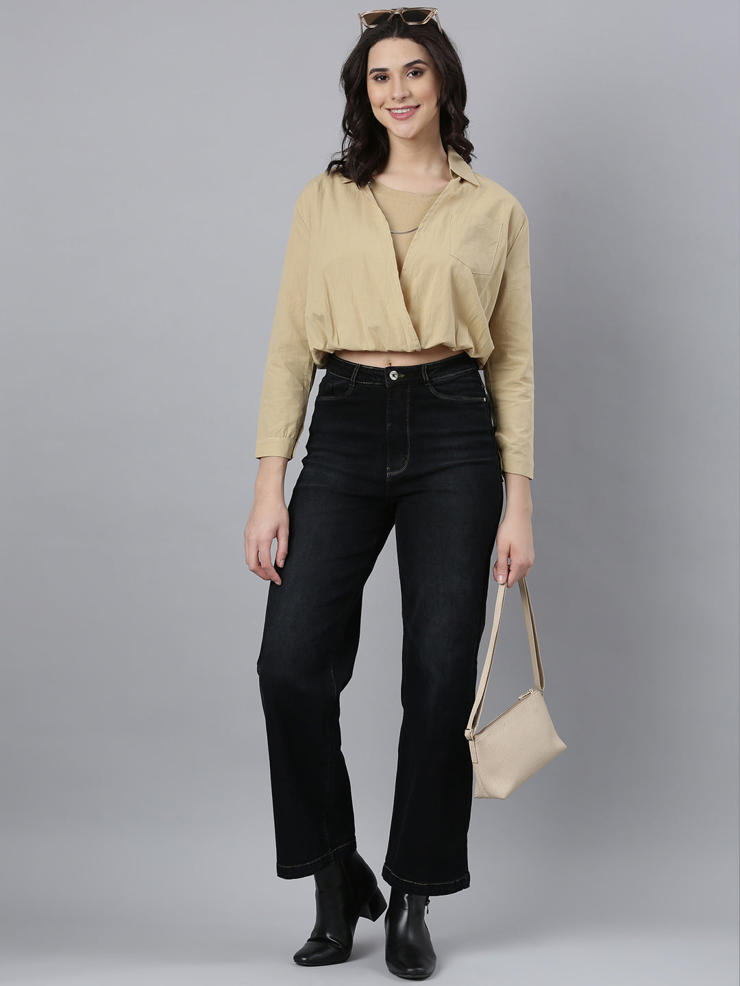 Women's Solid Khaki Shirt Style Top with Inner Top and Neck Chain