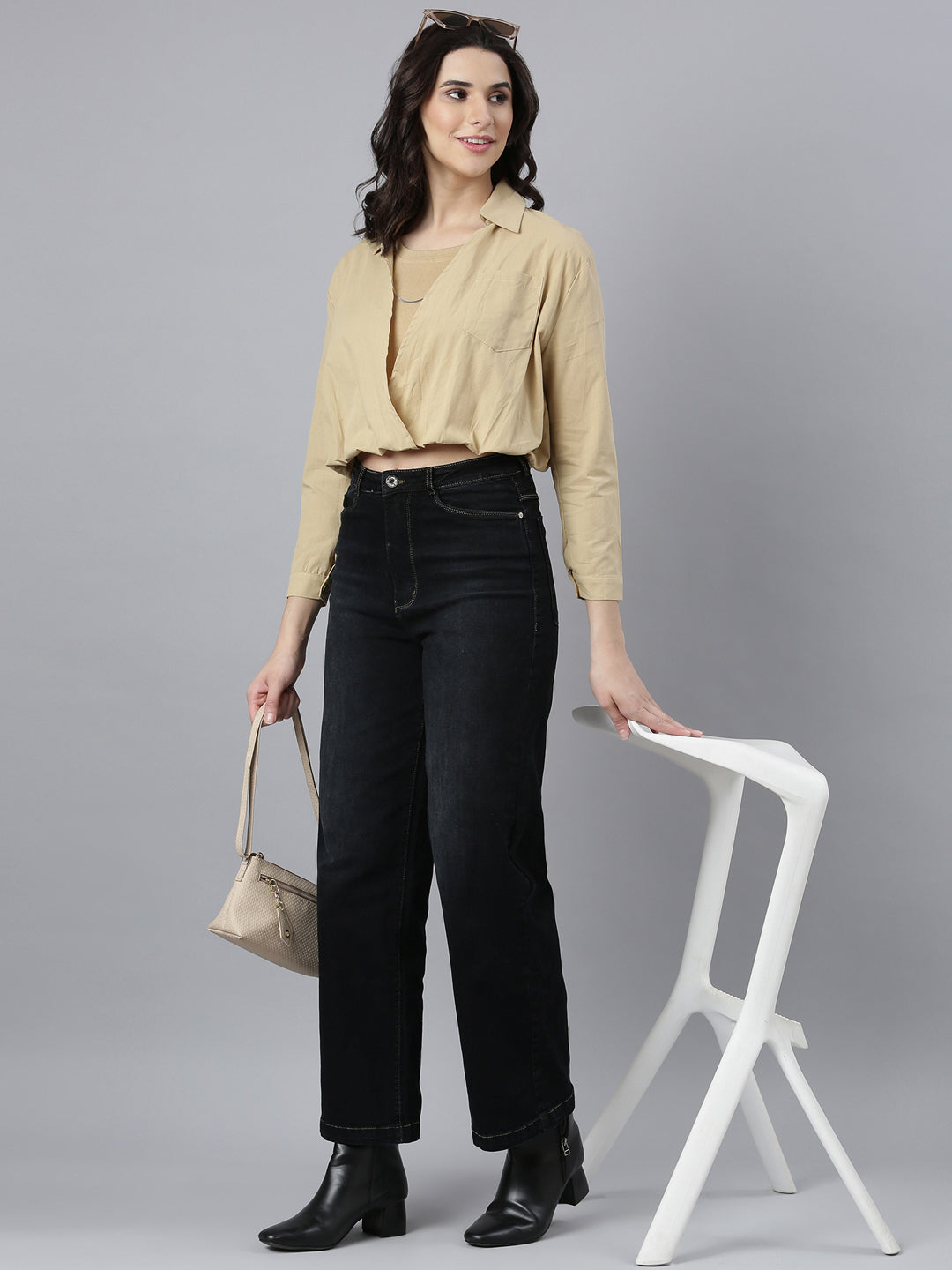 Women's Solid Khaki Shirt Style Top with Inner Top and Neck Chain