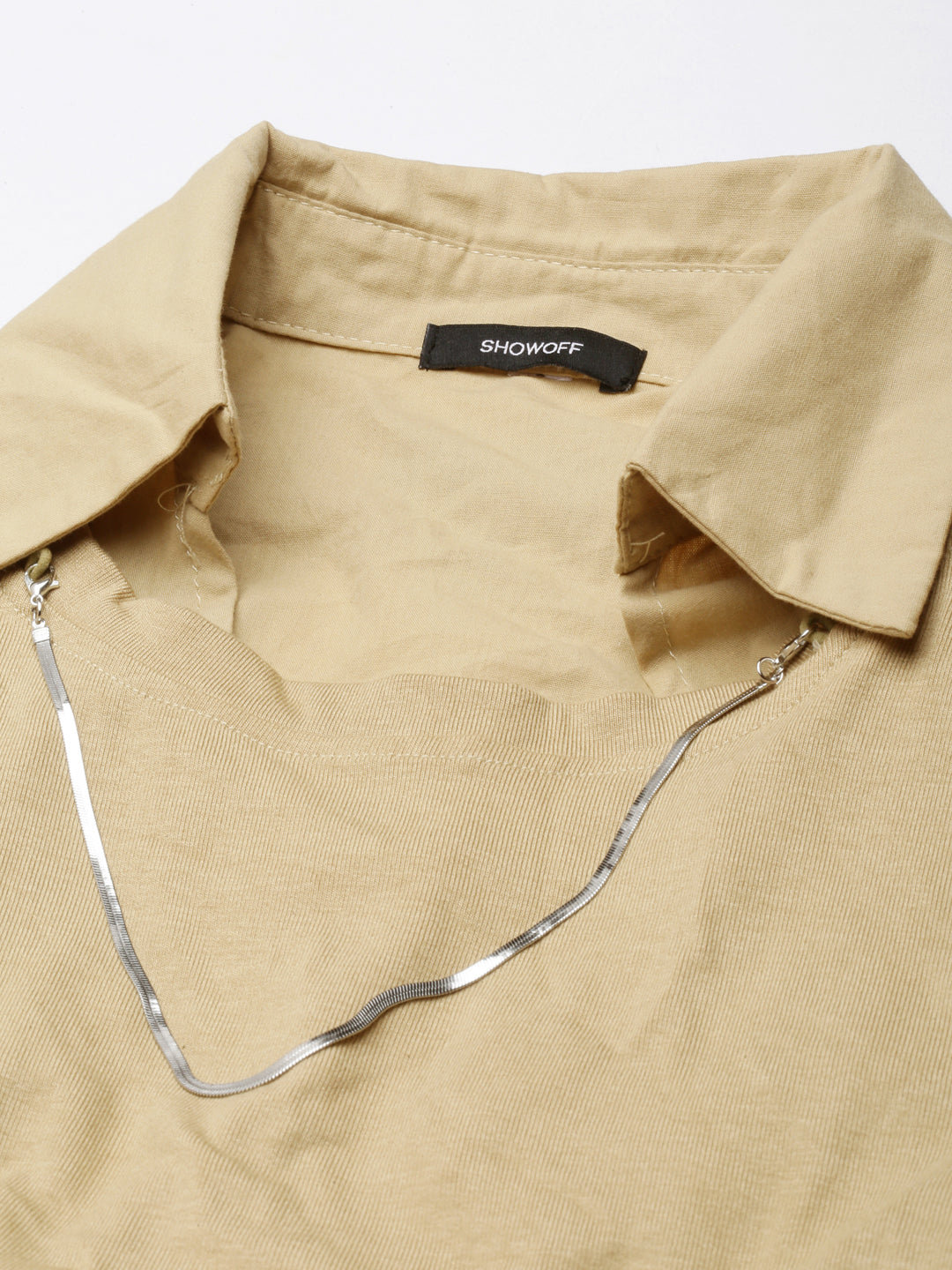 Women's Solid Khaki Shirt Style Top with Inner Top and Neck Chain