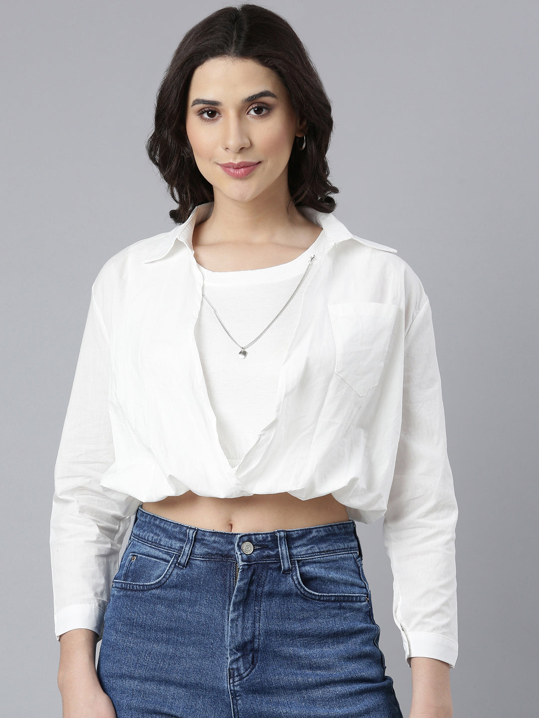 Women Solid Off White Shirt Style Top Comes with Attached Inner Top and Neck Chain