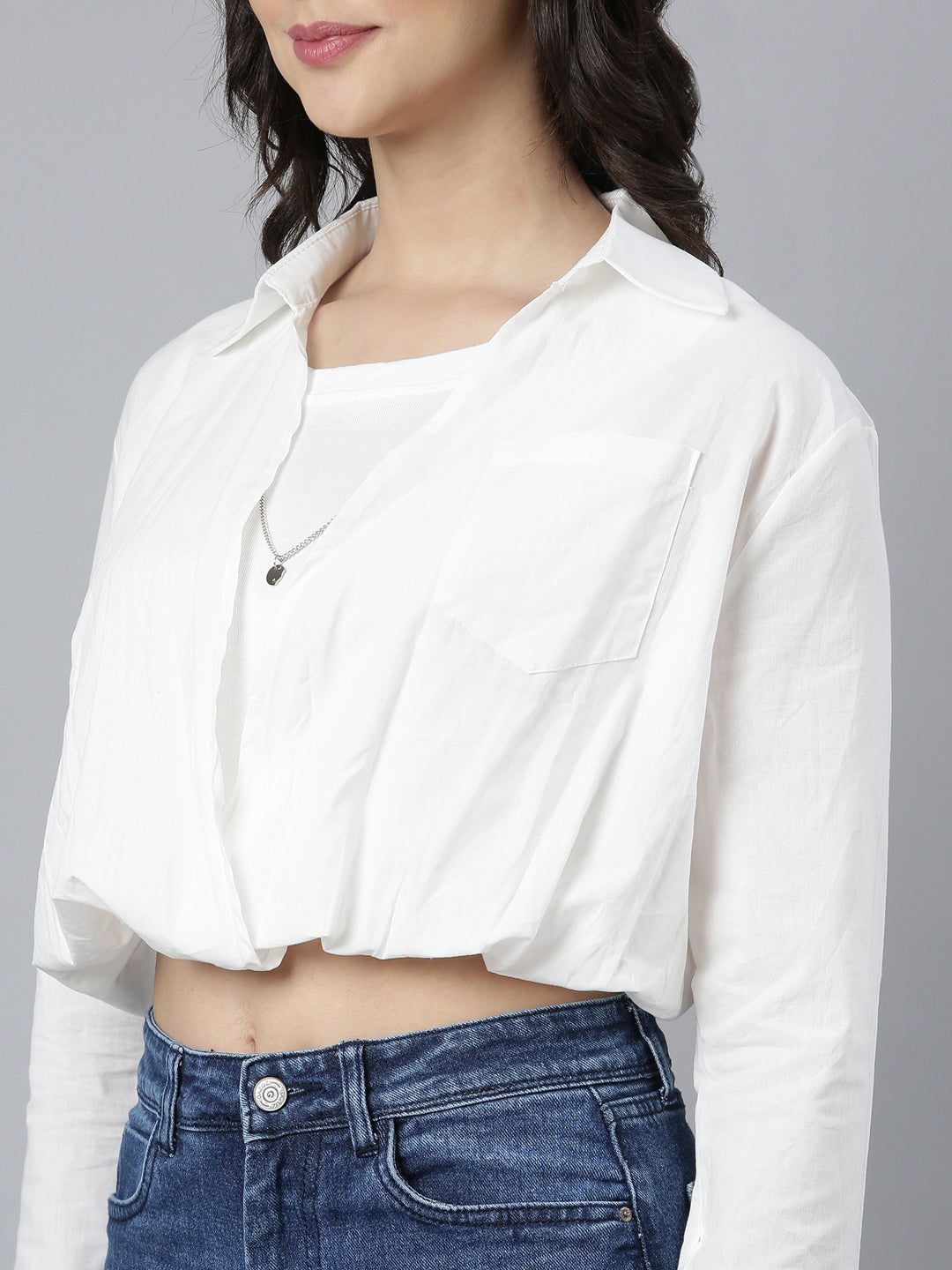 Women Solid Off White Shirt Style Top Comes with Attached Inner Top and Neck Chain