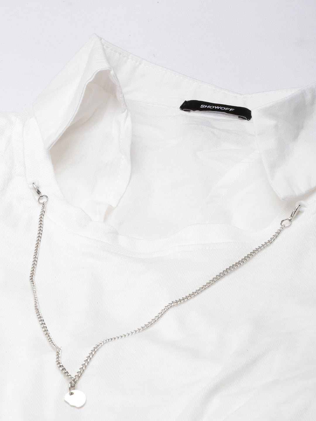 Women Solid Off White Shirt Style Top Comes with Attached Inner Top and Neck Chain