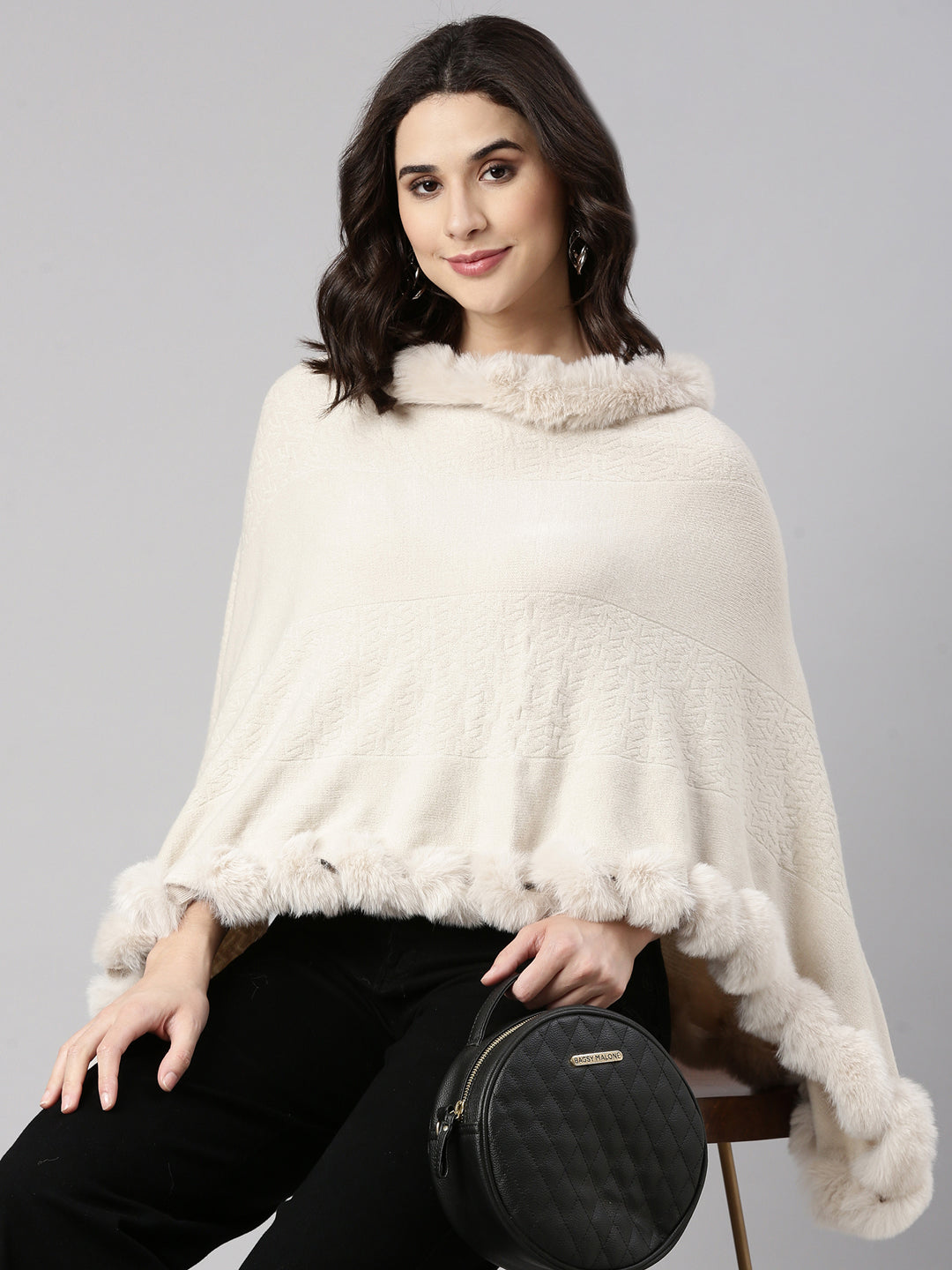 Women Solid Cream Longline Poncho