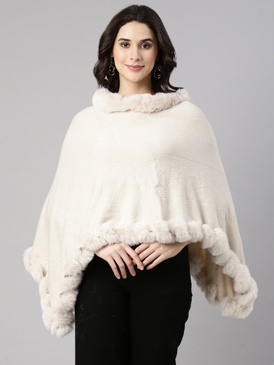 Women Solid Cream Longline Poncho