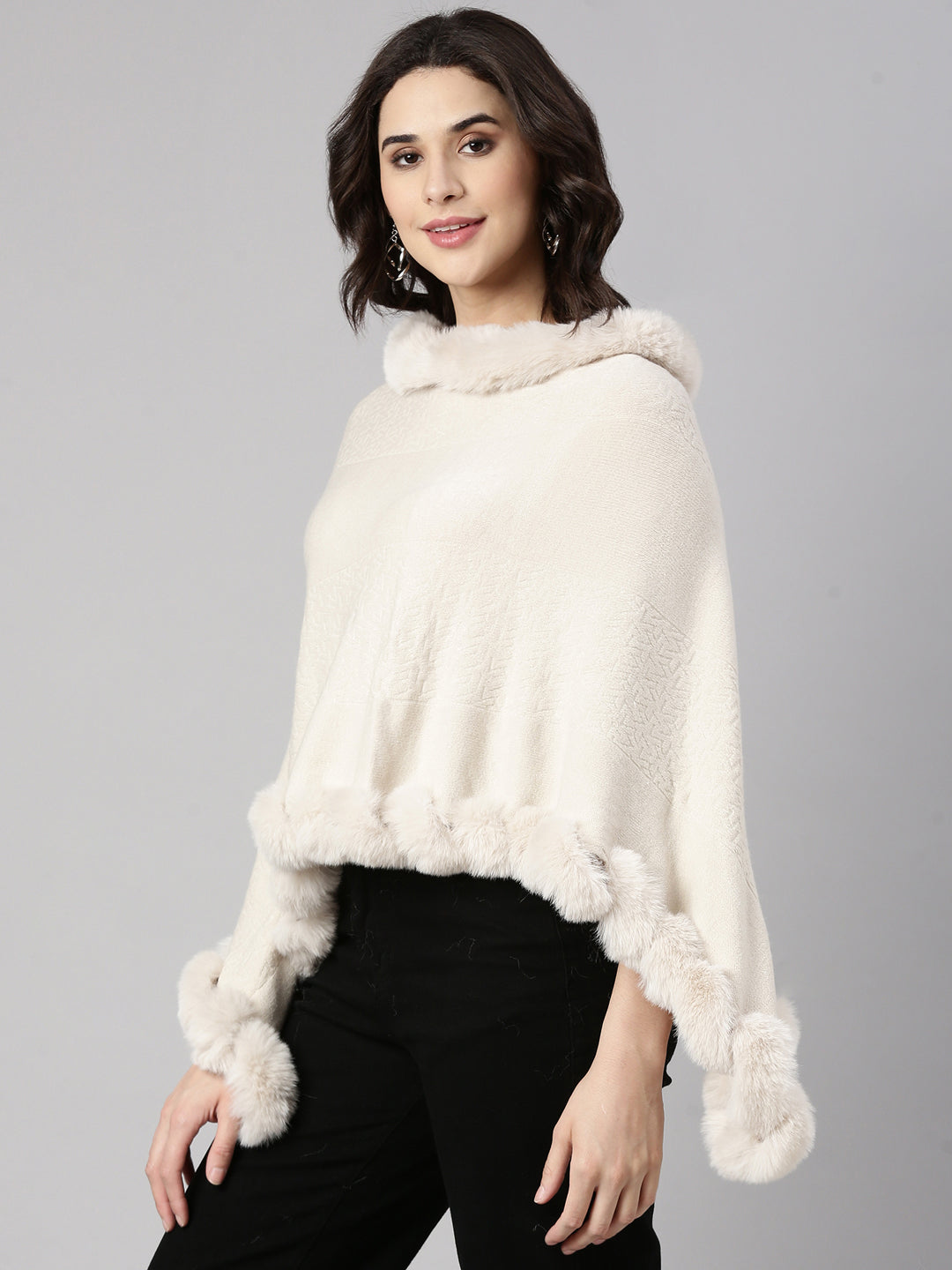 Women Solid Cream Longline Poncho