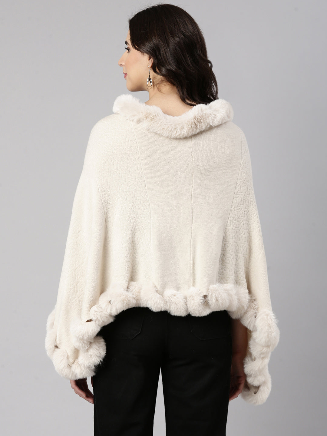 Women Solid Cream Longline Poncho