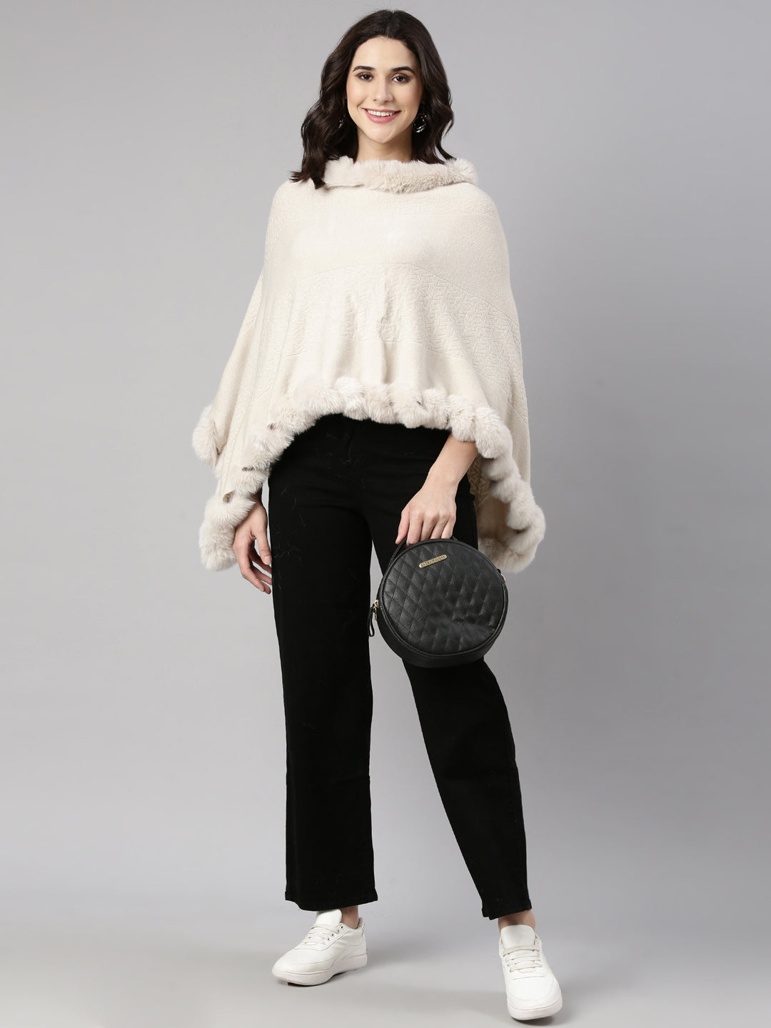 Women Solid Cream Longline Poncho