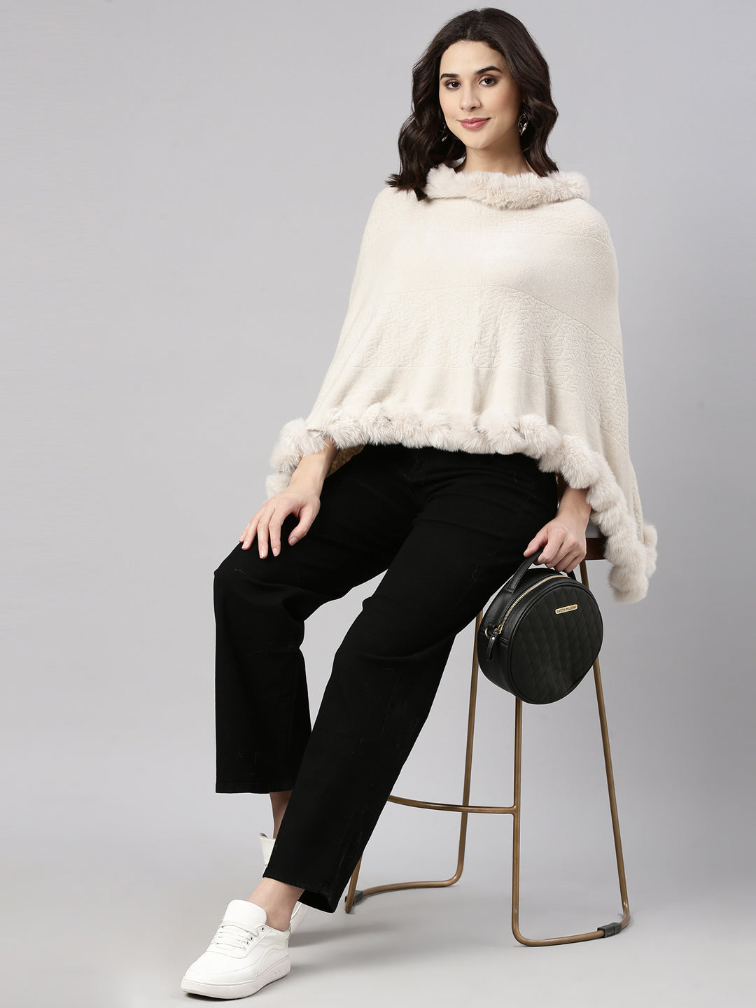 Women Solid Cream Longline Poncho