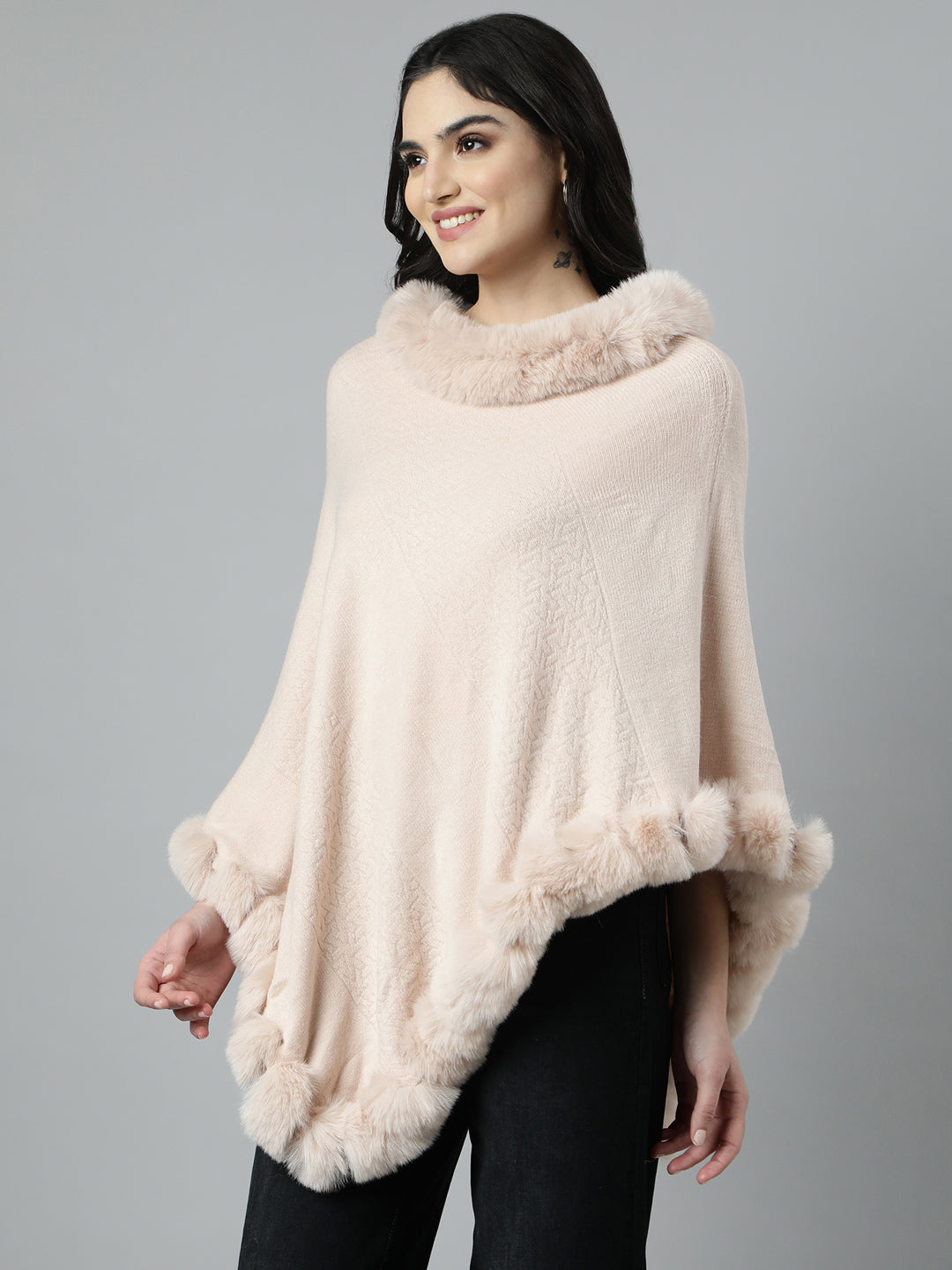 Women's Solid Peach Longline Poncho
