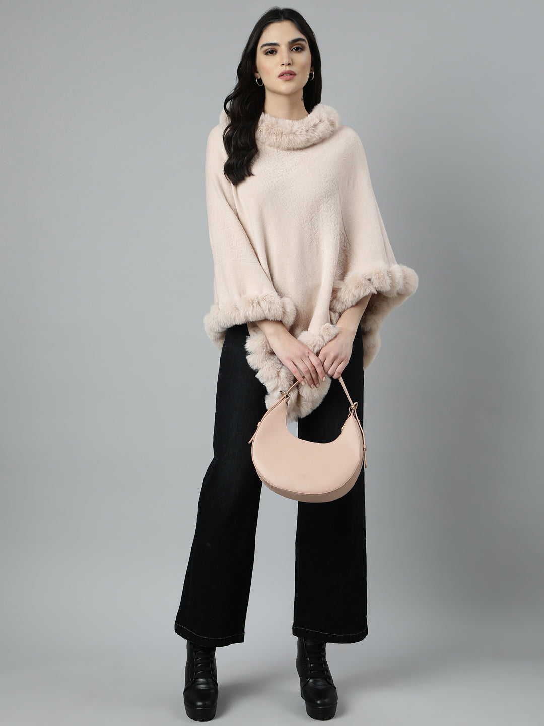Women's Solid Peach Longline Poncho