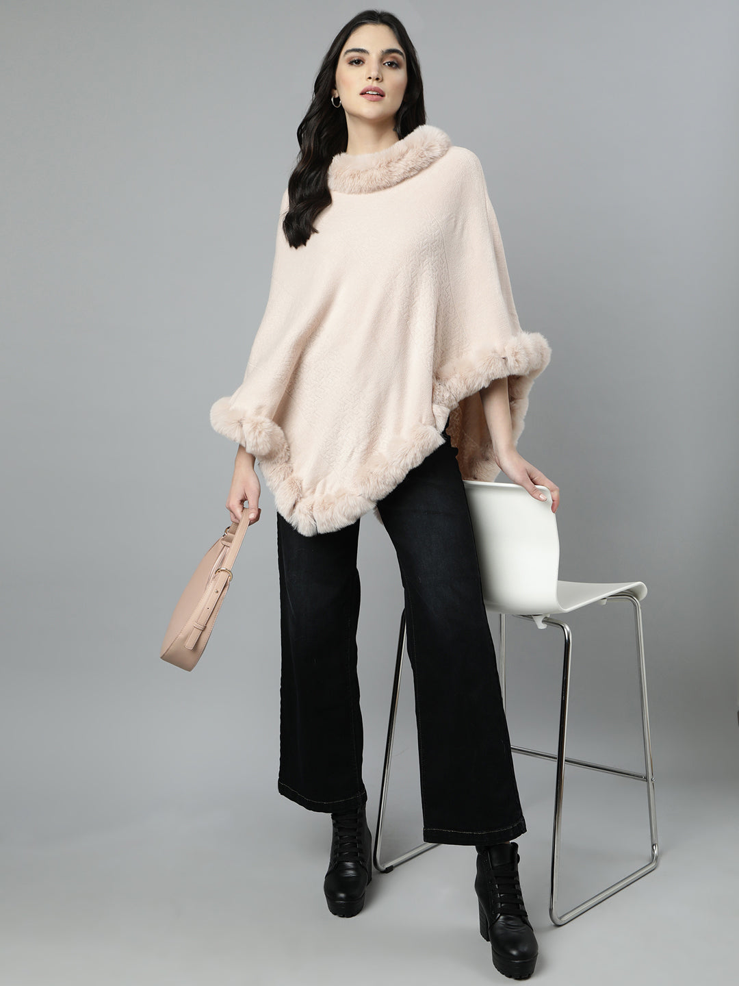 Women's Solid Peach Longline Poncho