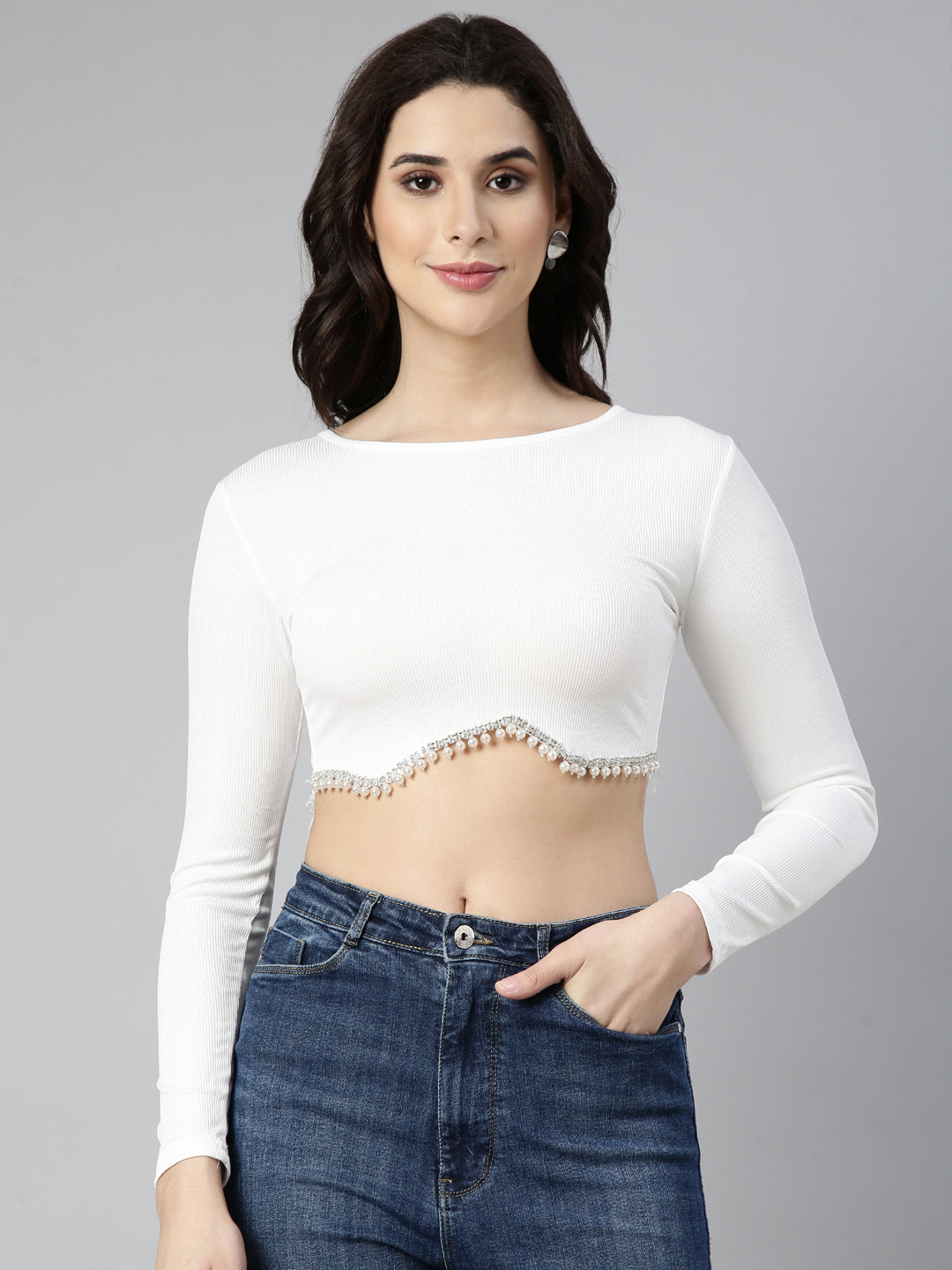 Women Solid Off White Crop Top