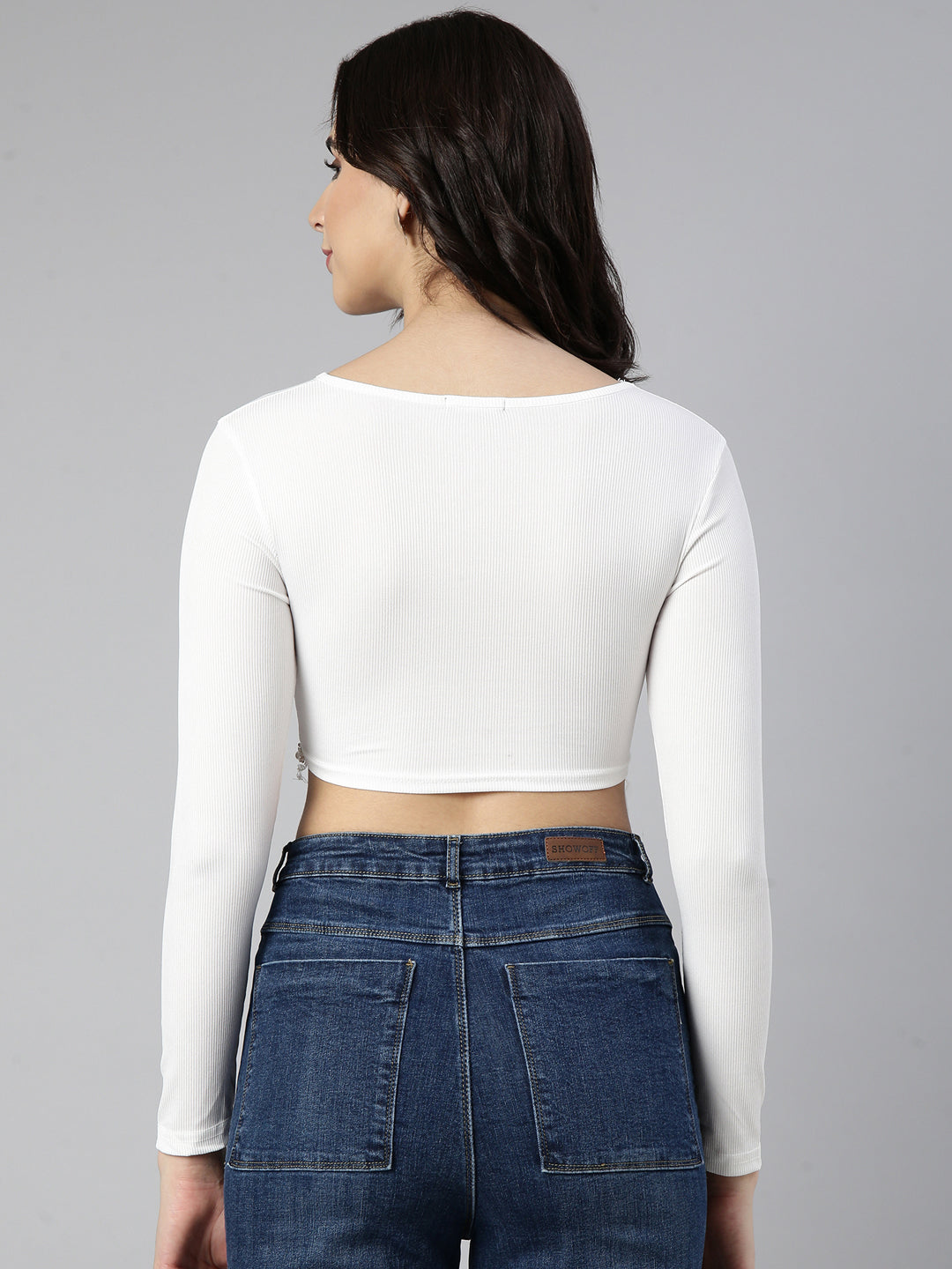 Women Solid Off White Crop Top