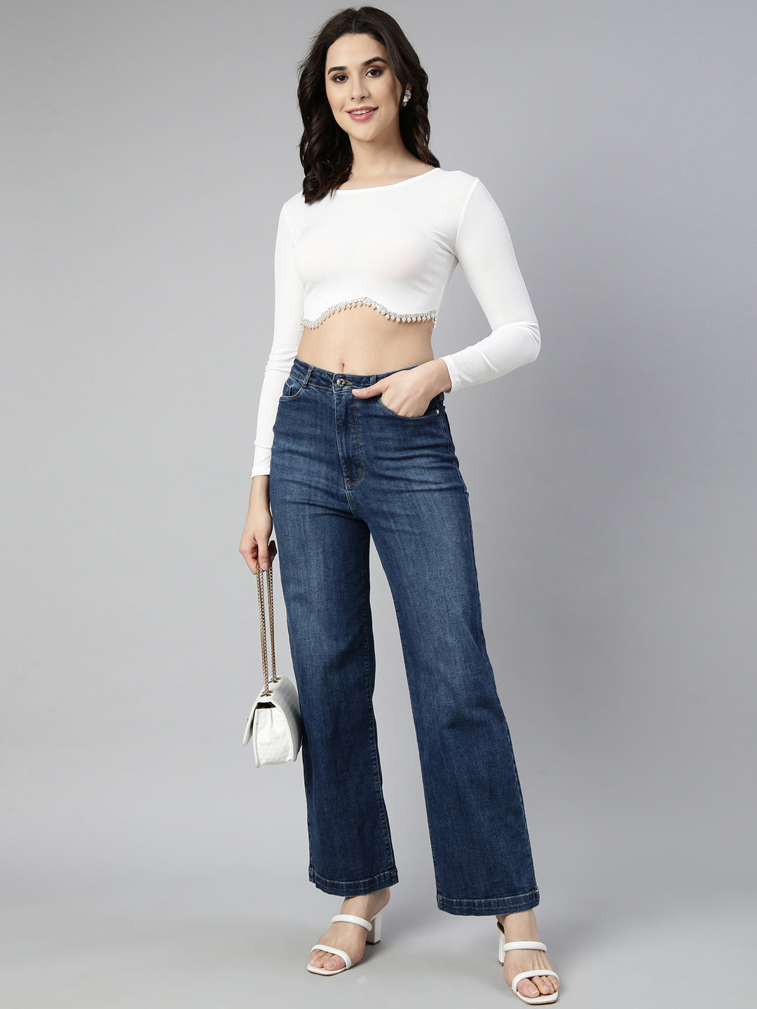 Women Solid Off White Crop Top