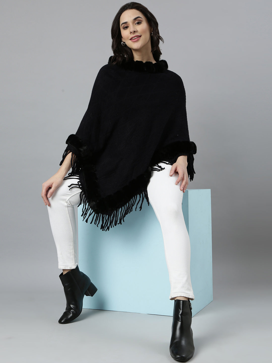 Women Solid Black Longline Poncho