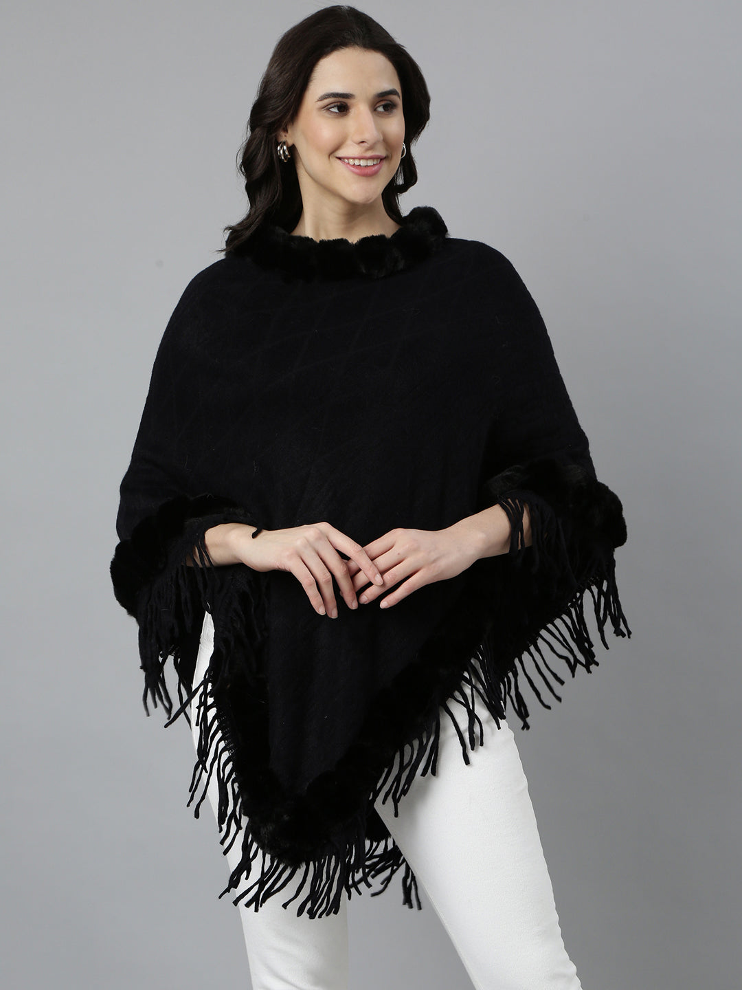 Women Solid Black Longline Poncho