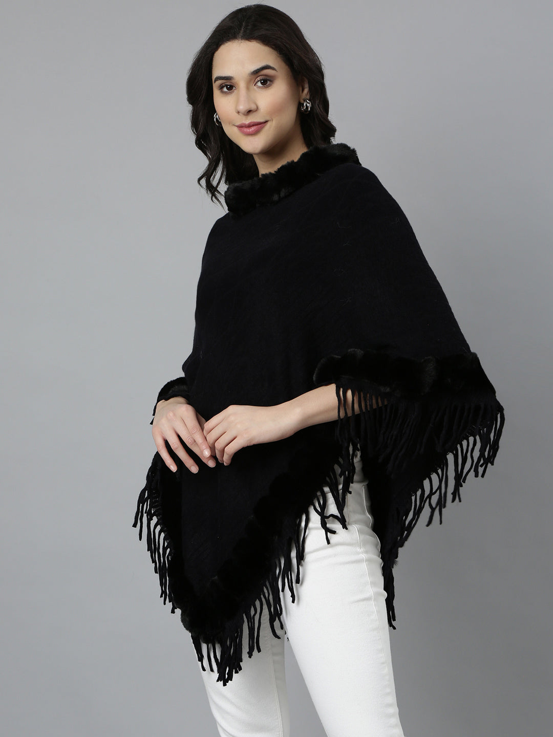 Women Solid Black Longline Poncho