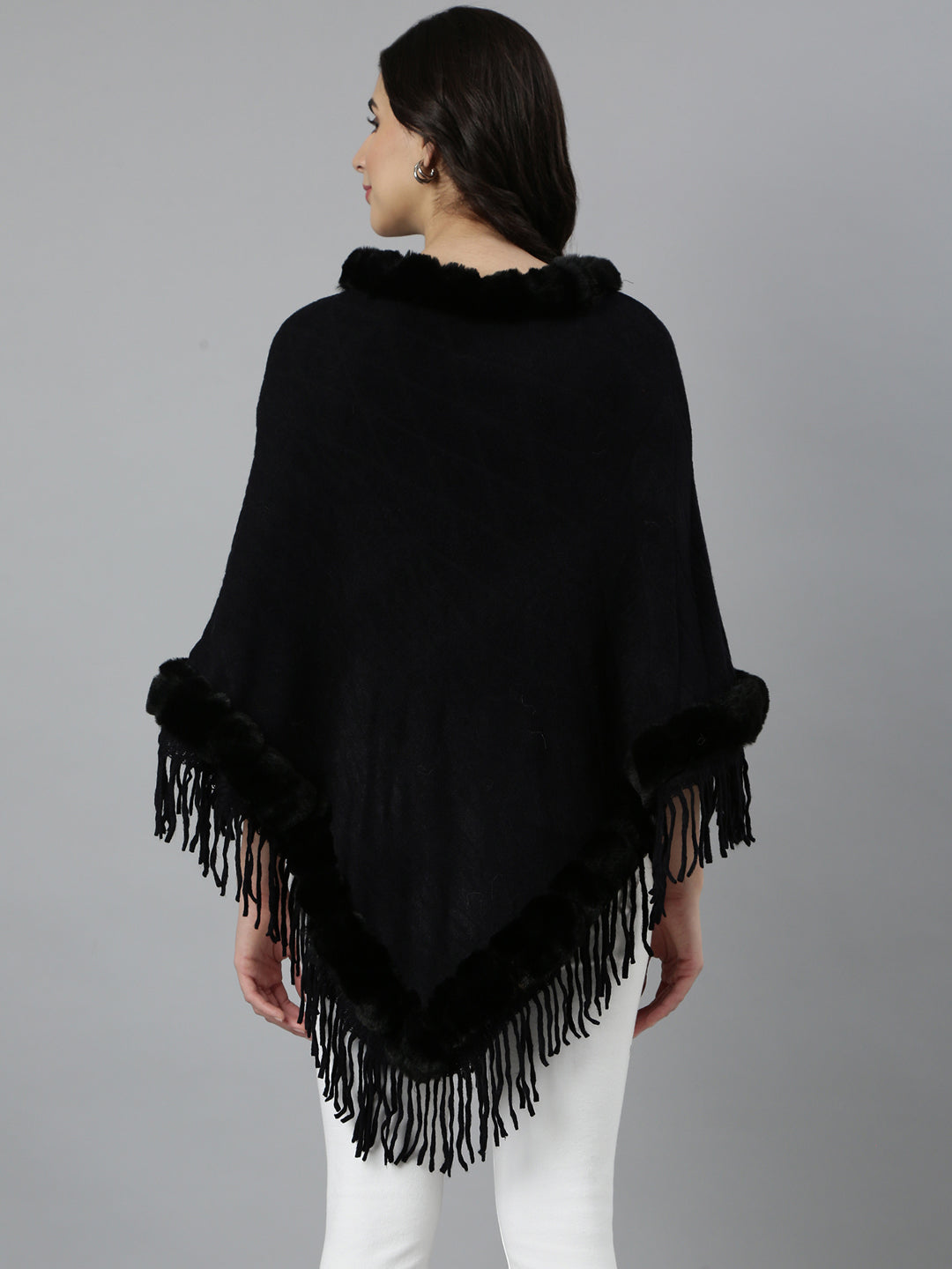 Women Solid Black Longline Poncho