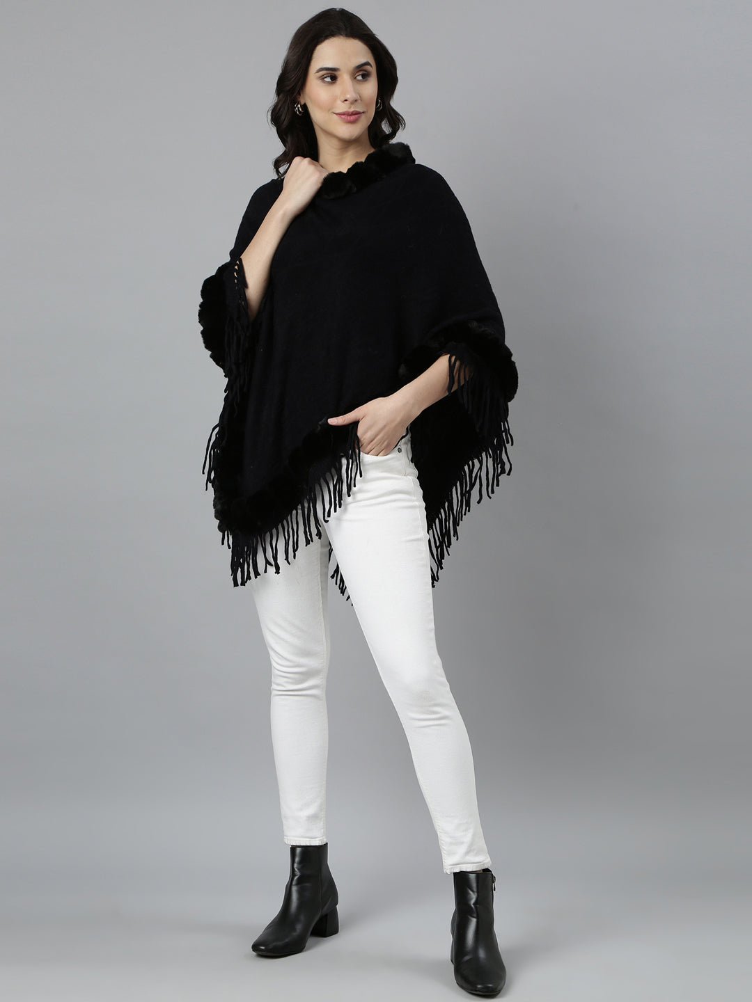 Women Solid Black Longline Poncho