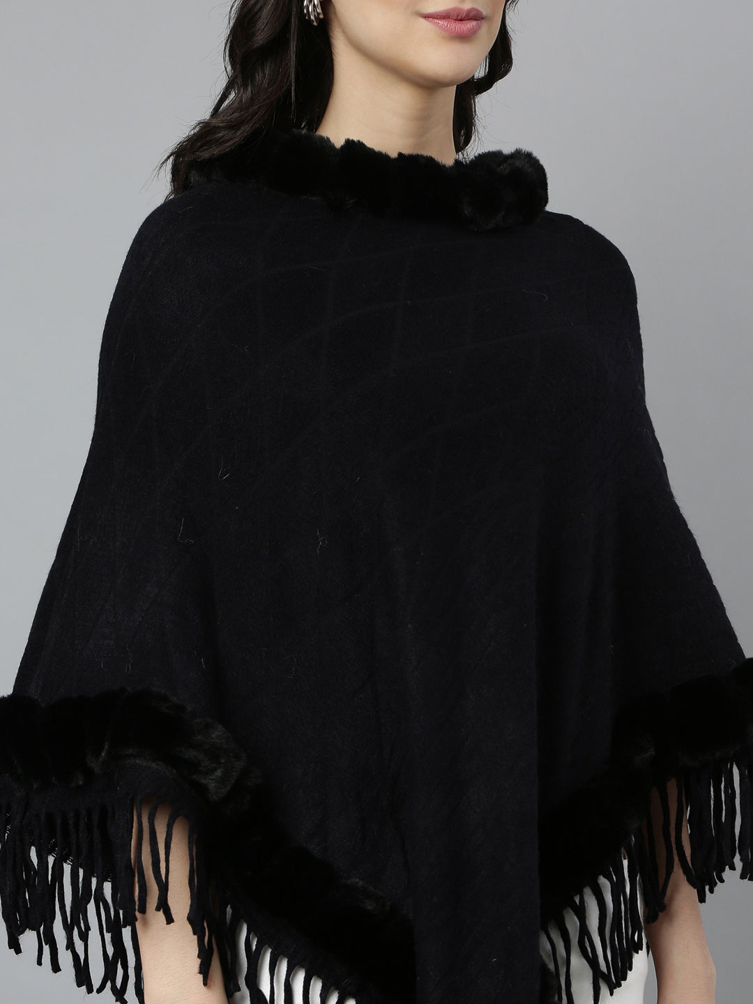 Women Solid Black Longline Poncho