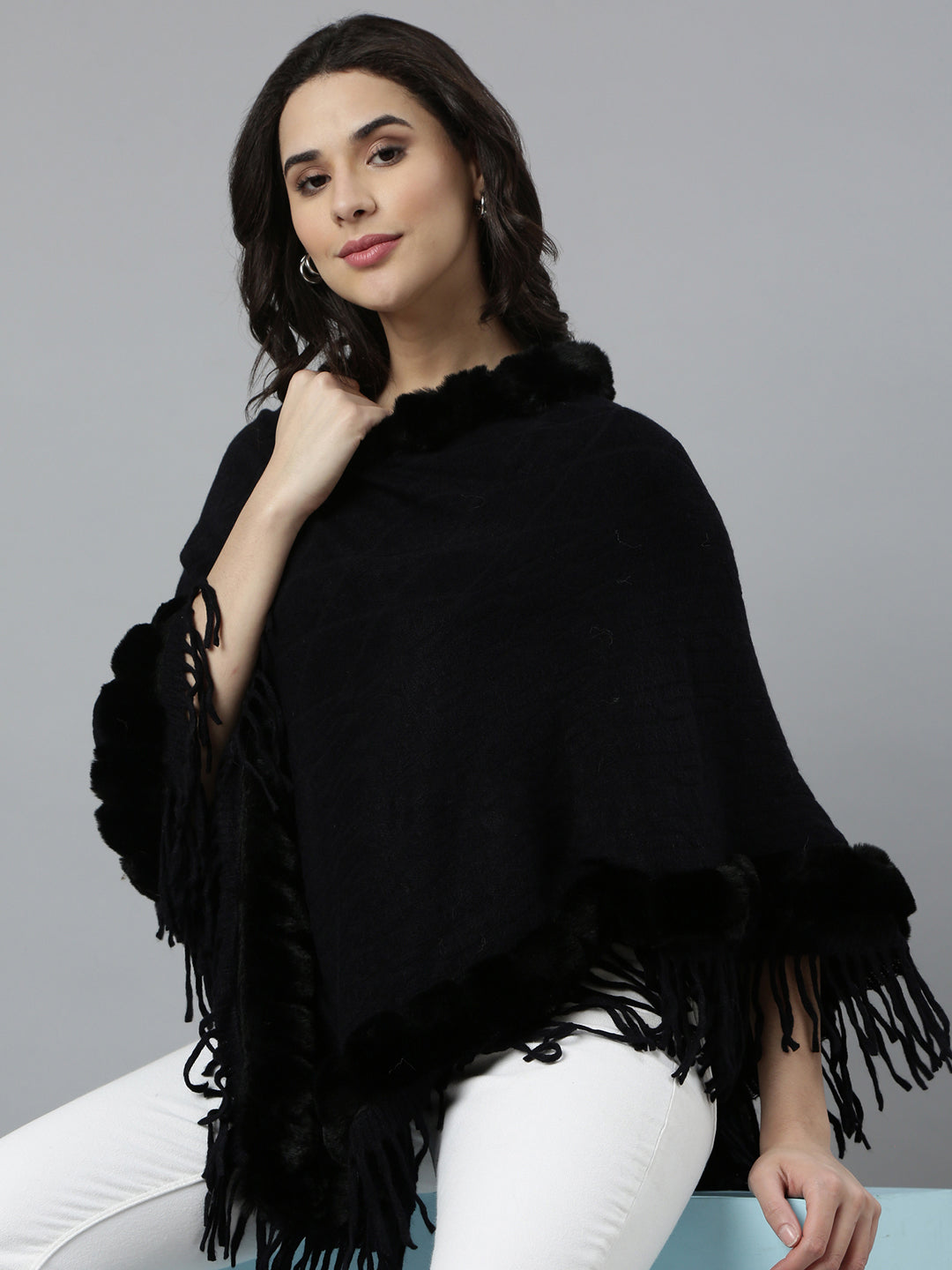 Women Solid Black Longline Poncho