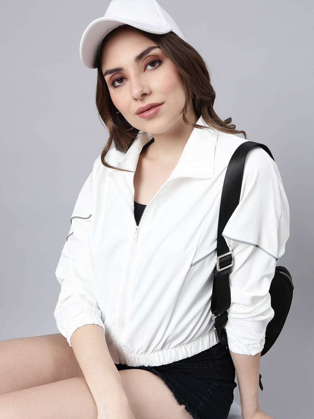 Women Solid White Crop Bomber Jacket