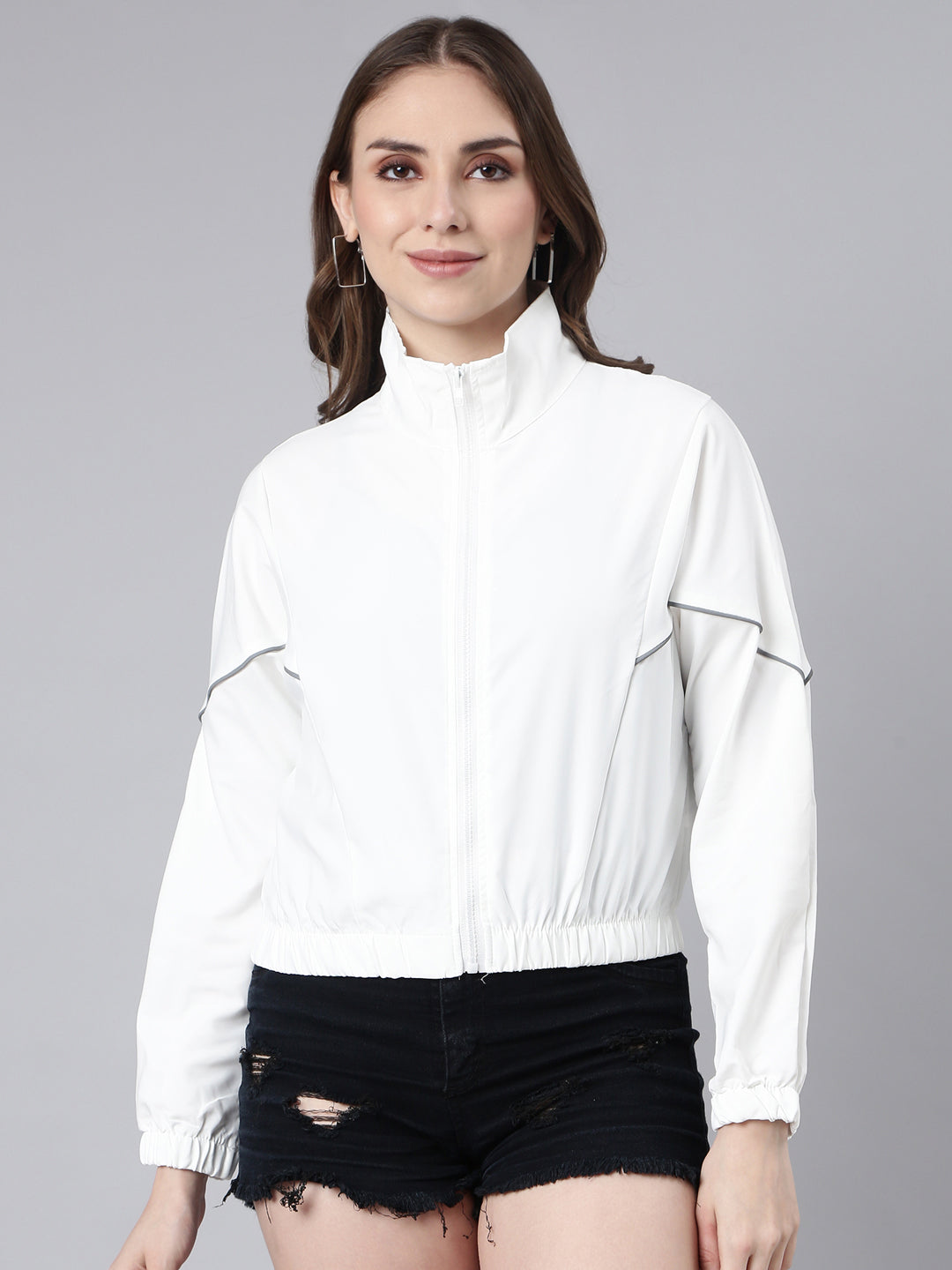 Women Solid White Crop Bomber Jacket