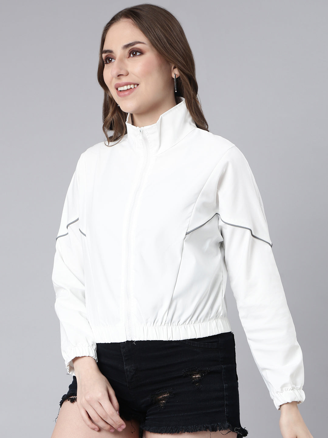 Women Solid White Crop Bomber Jacket