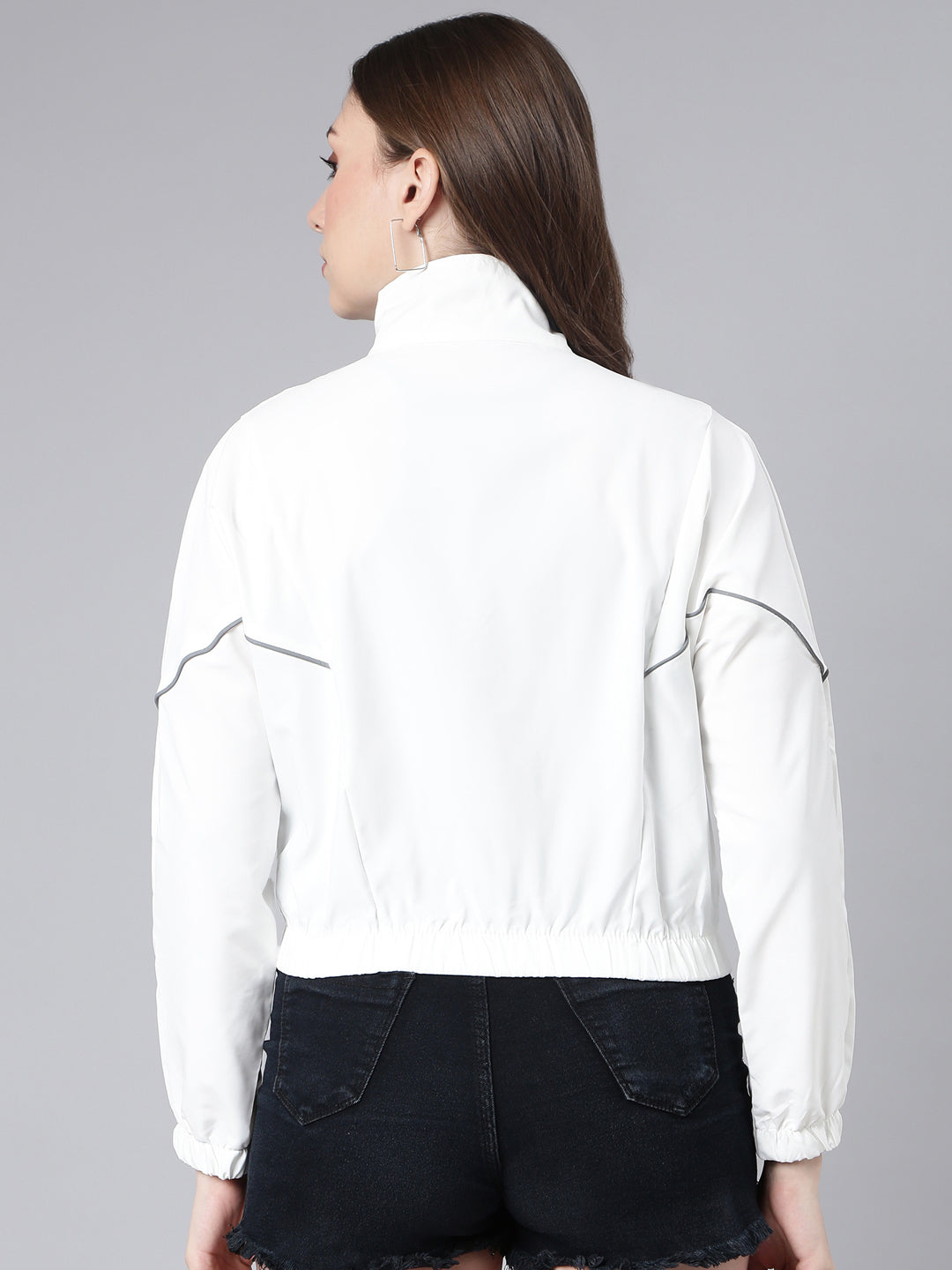 Women Solid White Crop Bomber Jacket