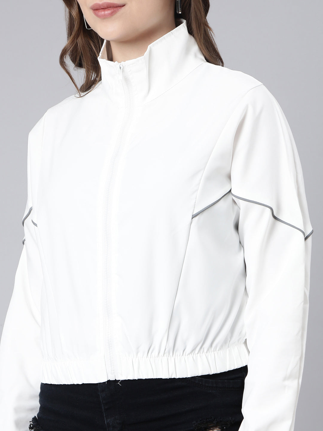 Women Solid White Crop Bomber Jacket