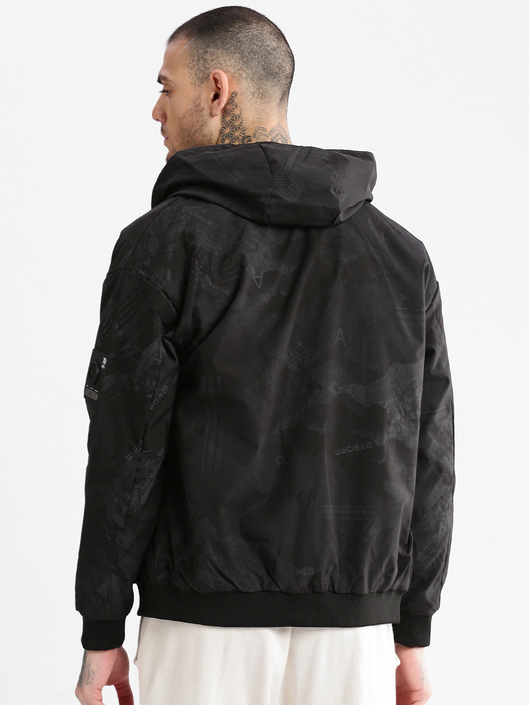 Men Hooded Black Abstract Reversible Bomber Jacket